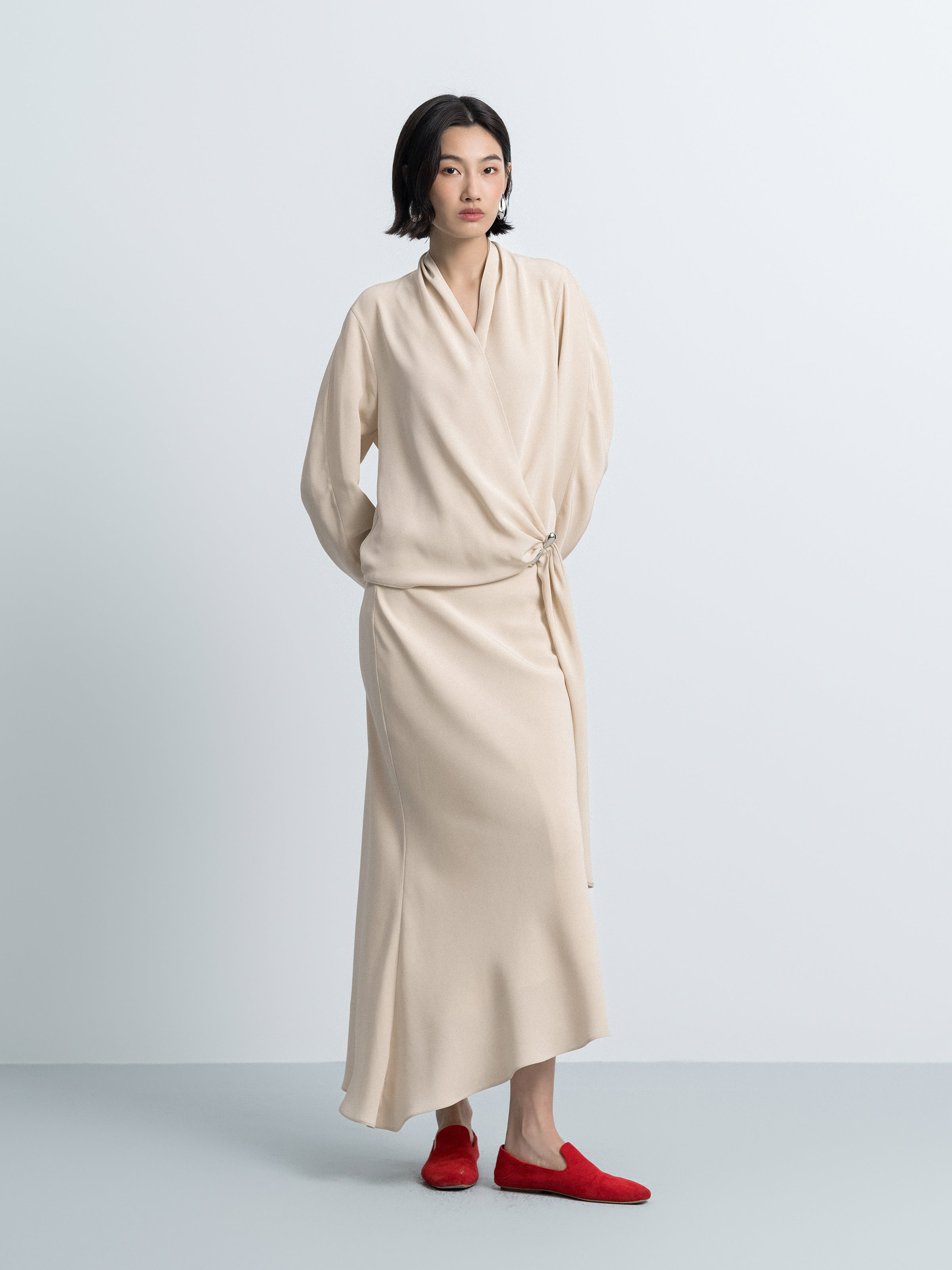 Beige yellow mermaid skirt with asymmetric hem and waist tie