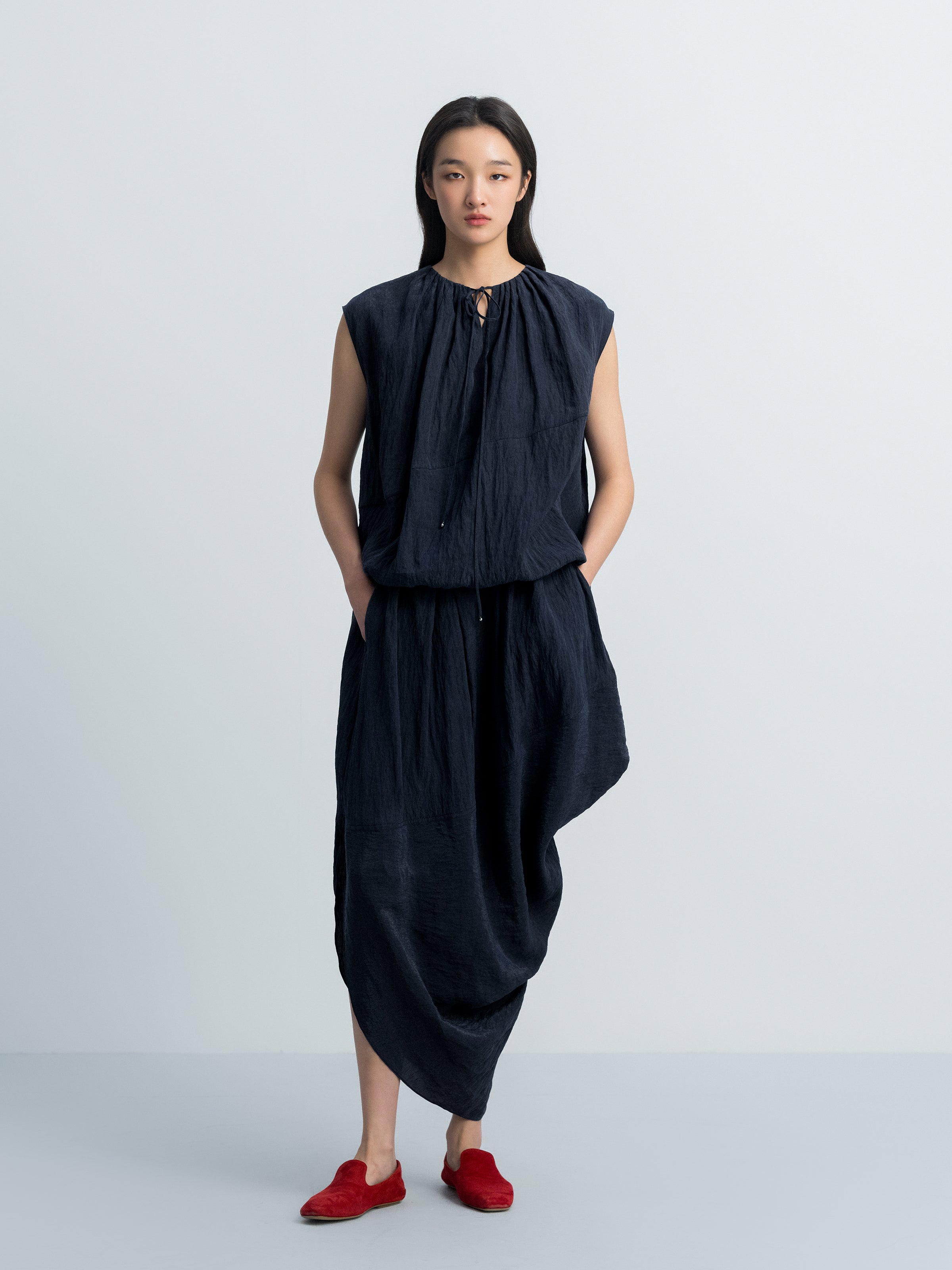 Navy Blue Tencel Snow-Washed Irregular Drape Long Skirt