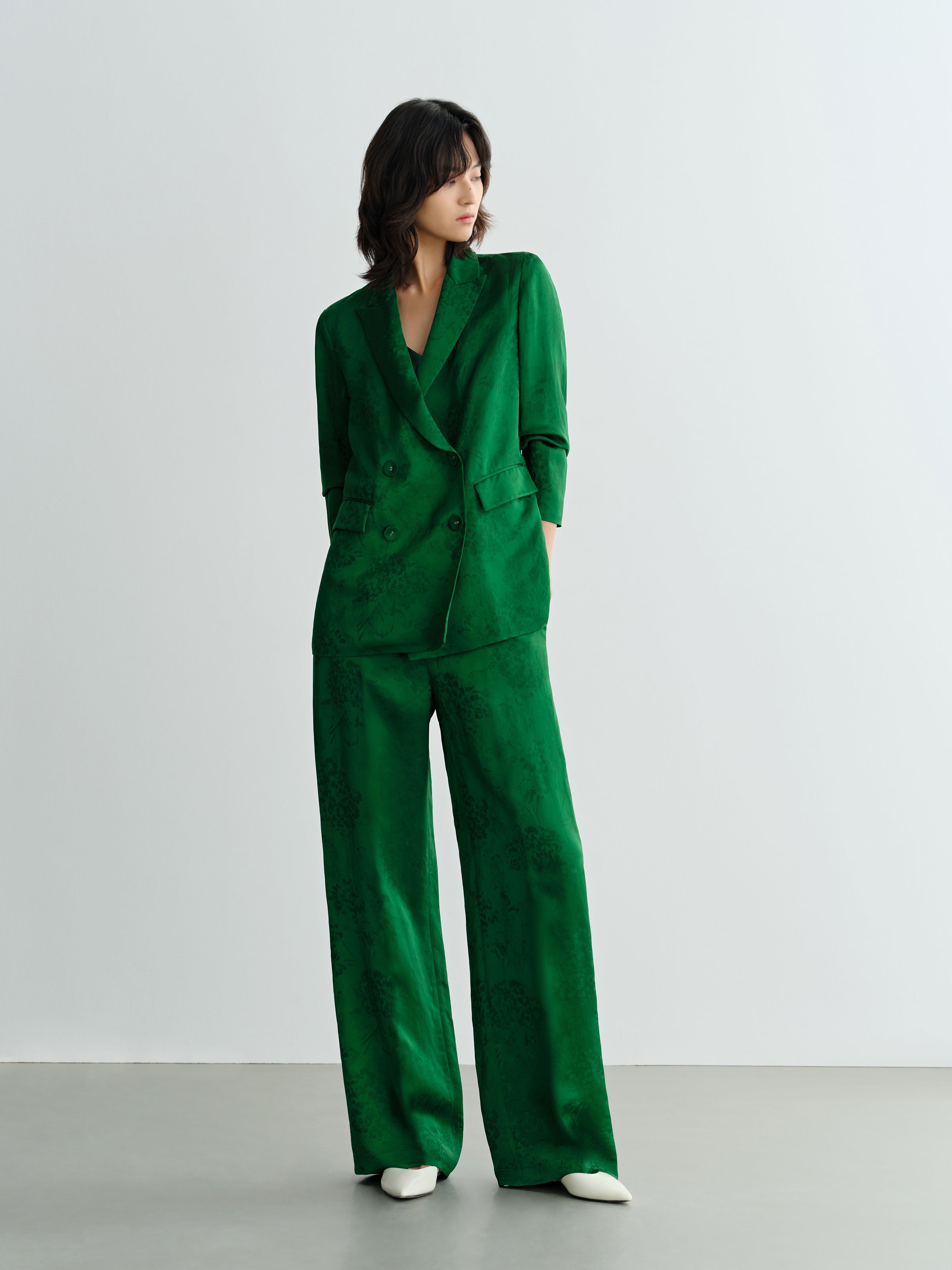 Green Mulberry Silk Jacquard Wide-Leg Trousers