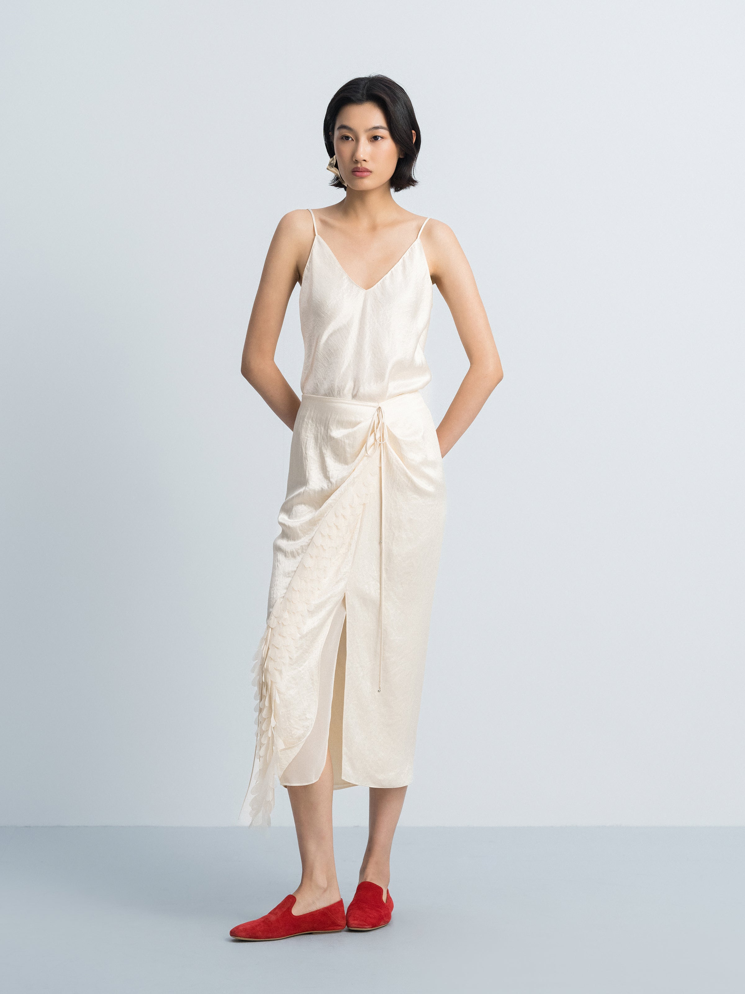 Cream White Acetate Ruched Waist Front Slit Midi Skirt