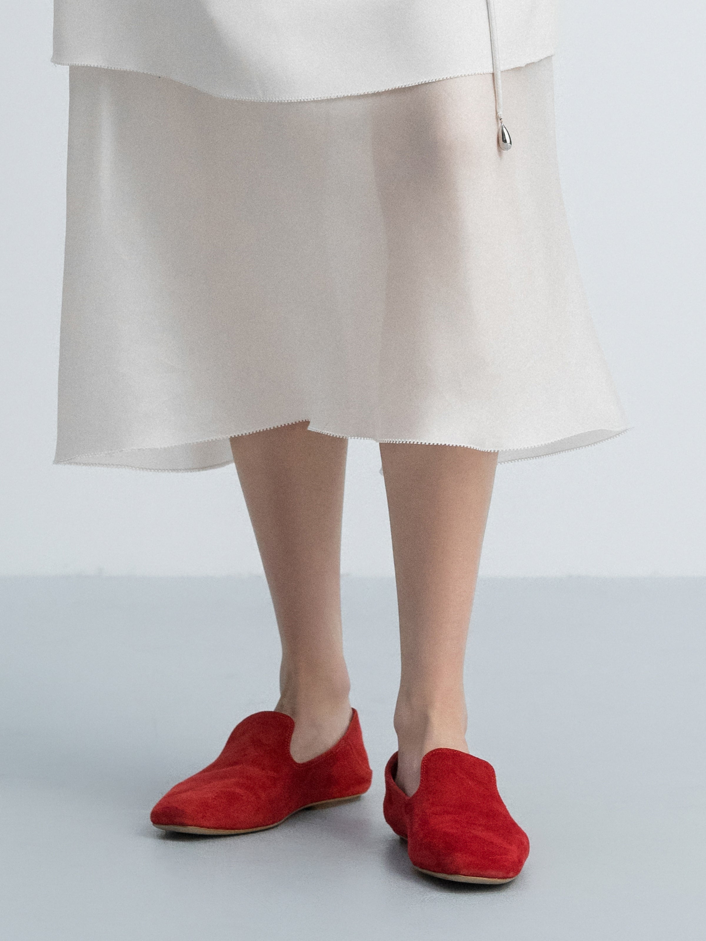 Bright Red Suede Goatskin U-Cut Square Toe Loafer Flats