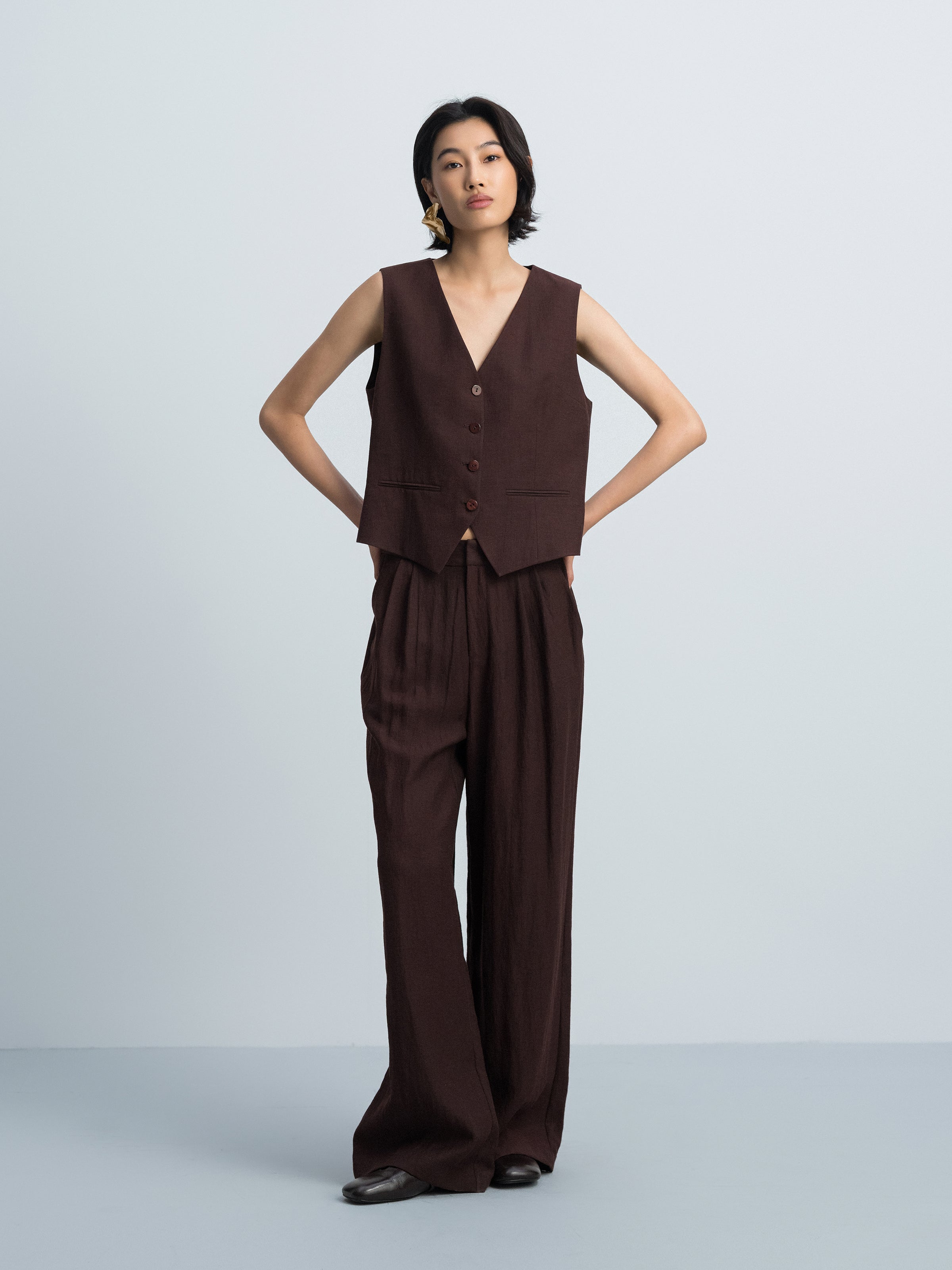 Coffee Brown Linen Blend Shell Button V-Neck Vest