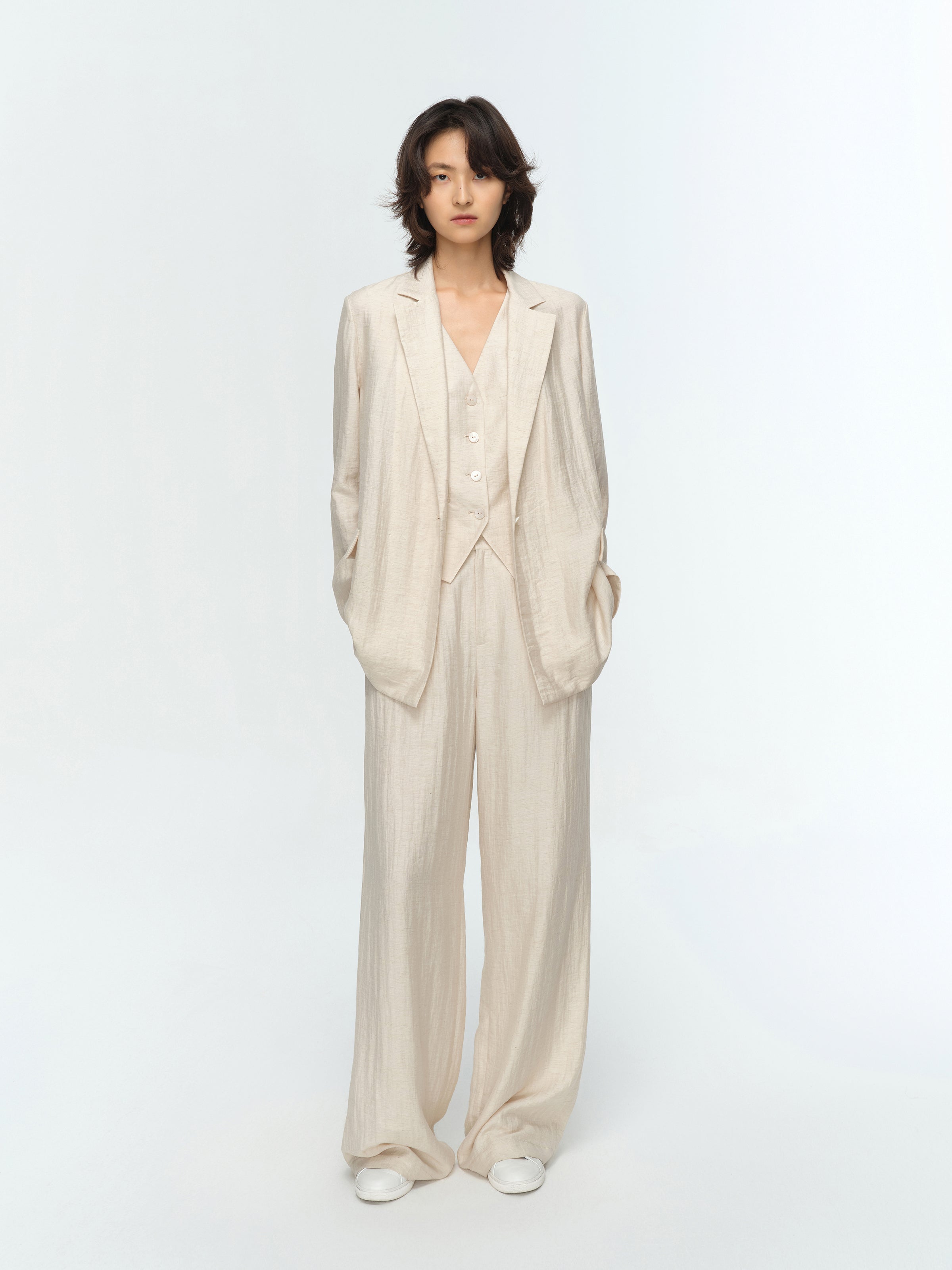 Cream White Linen Shell Button Straight Blazer