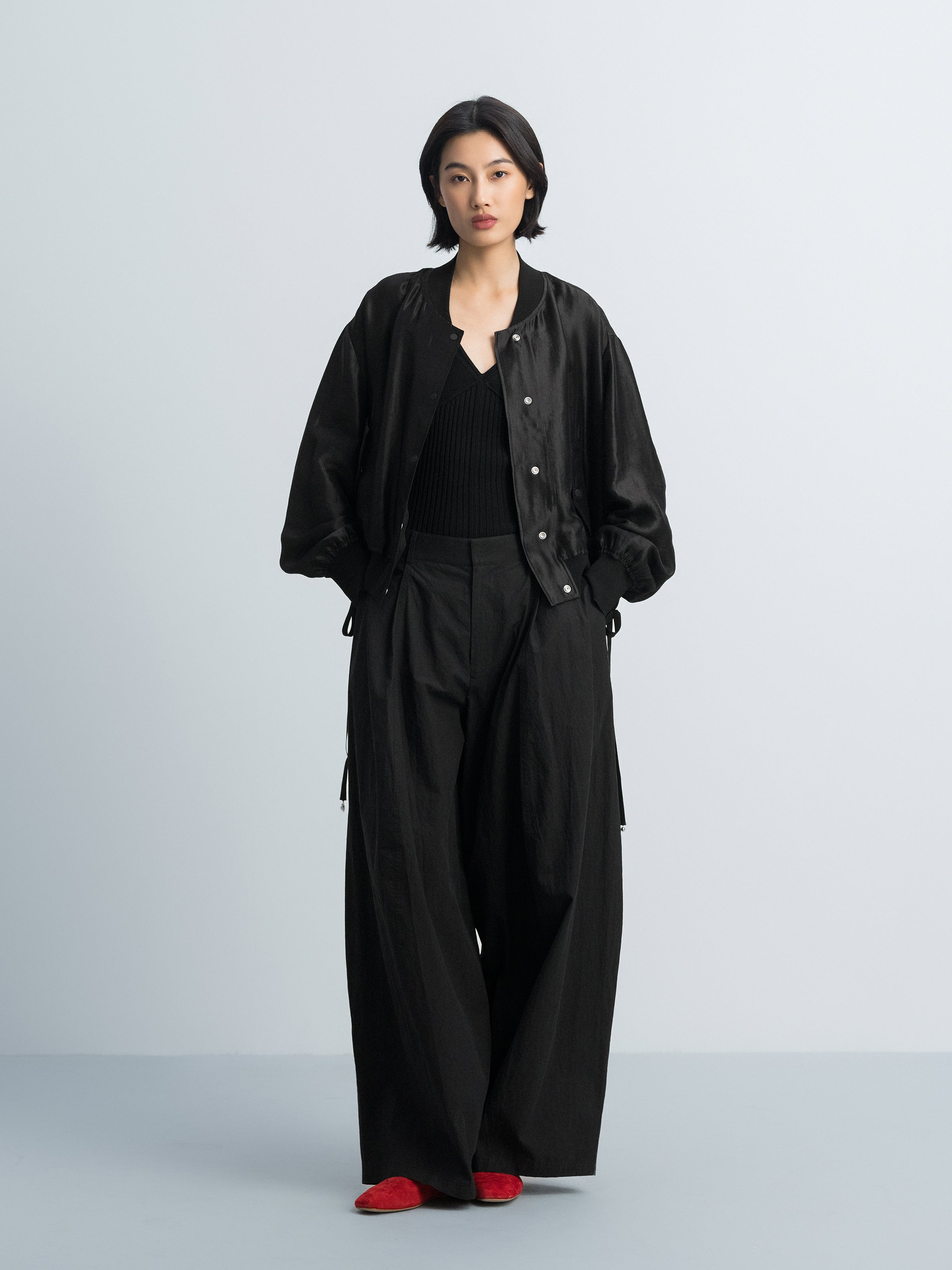 Black Shiny Silk Cropped Drop-Shoulder Drawstring Jacket
