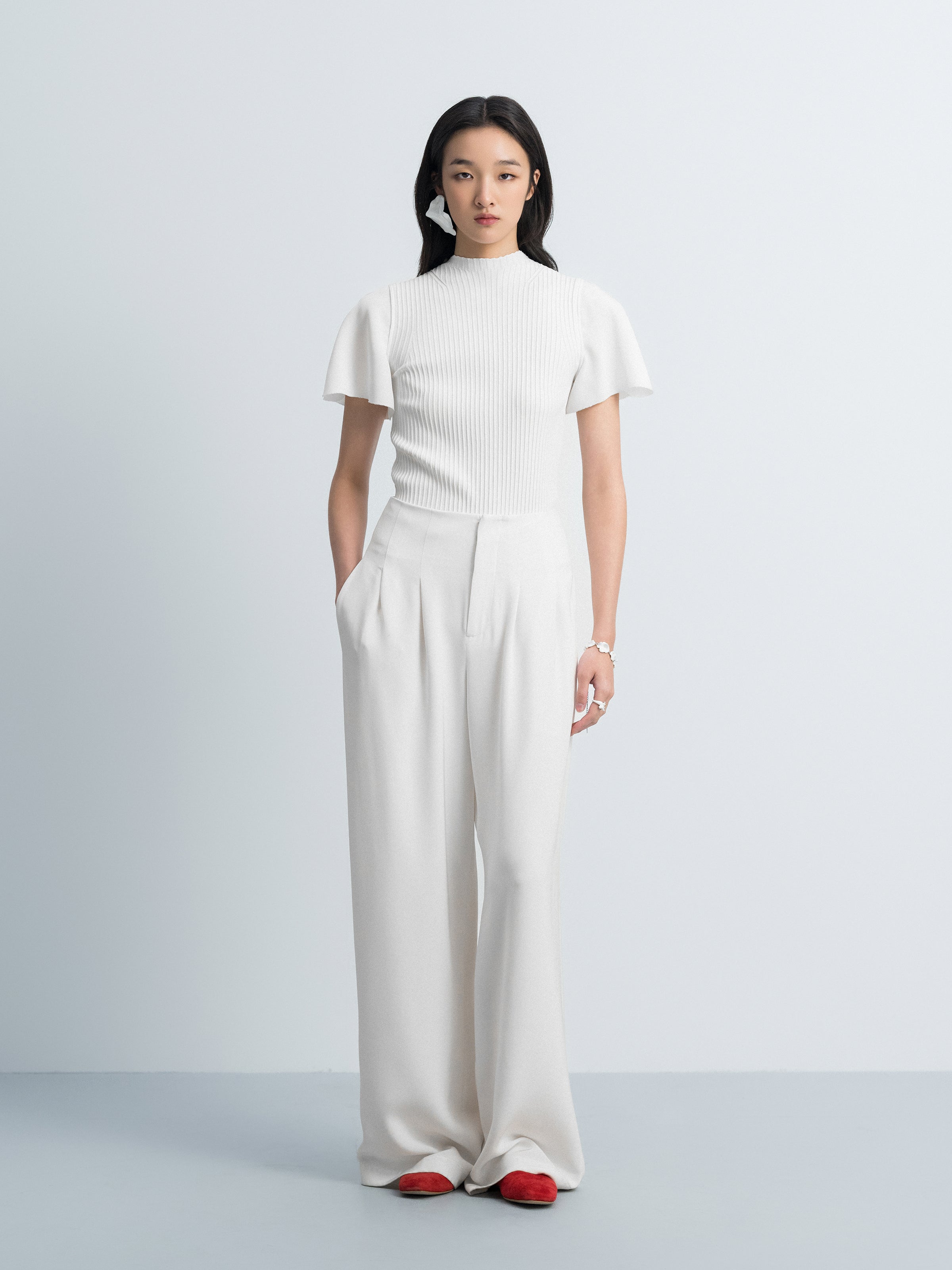 Cream White Mulberry Silk Double Pleat Wide-Leg Trousers