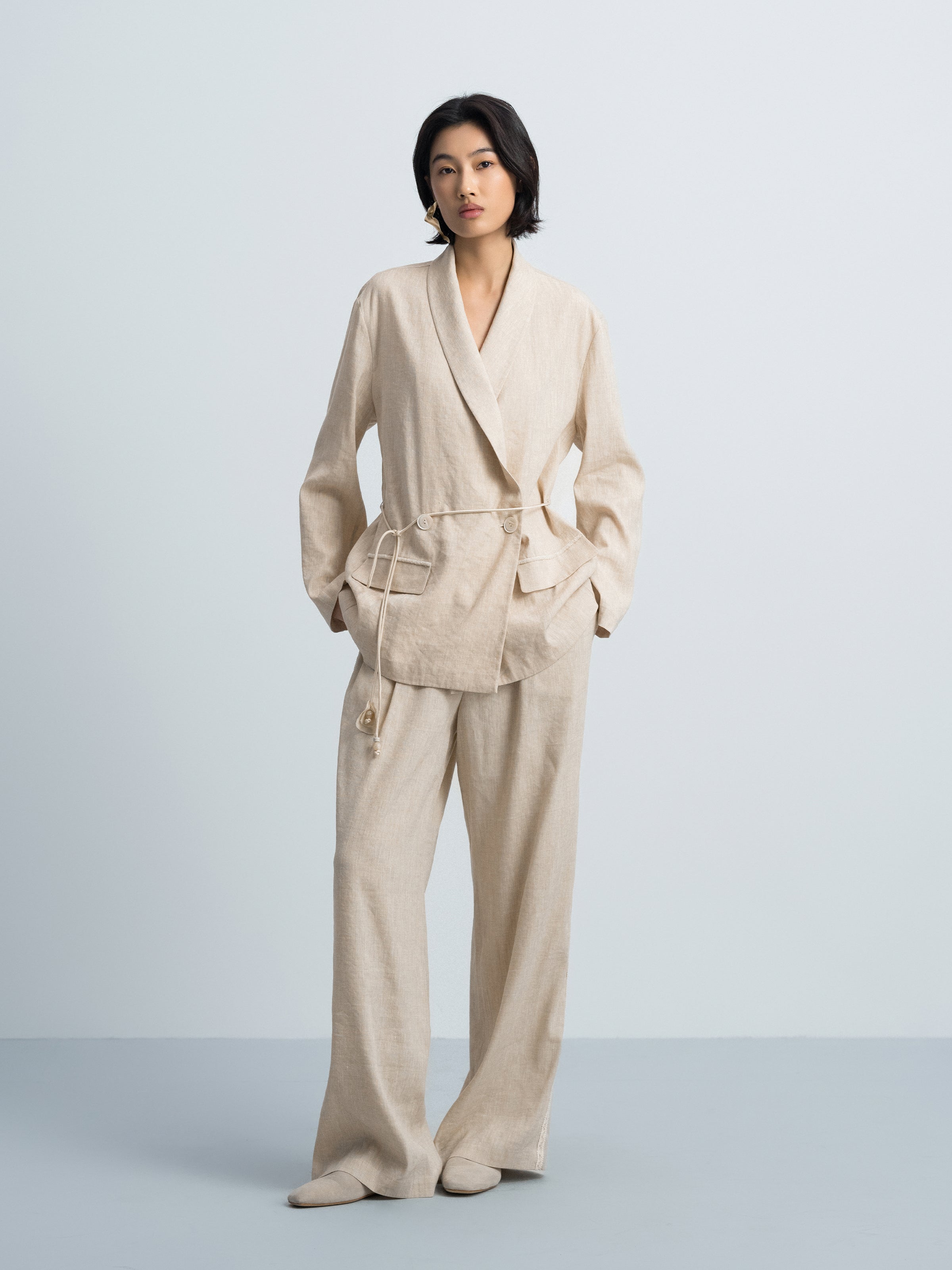 Oatmeal Linen Blend Shawl Collar Drawstring Straight Blazer