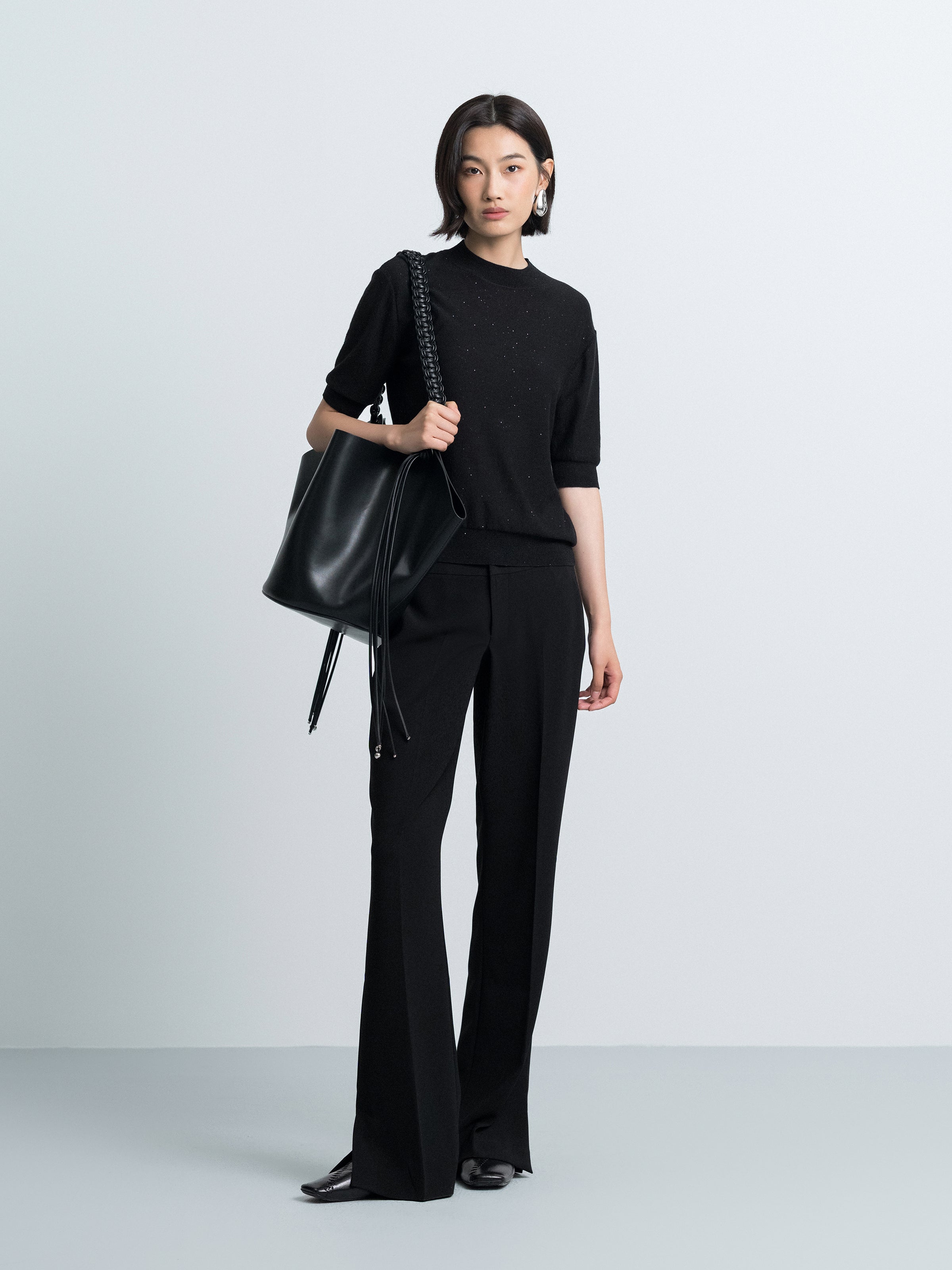 Elbow-Sleeve Knit Sweater with Sequin Fabric
