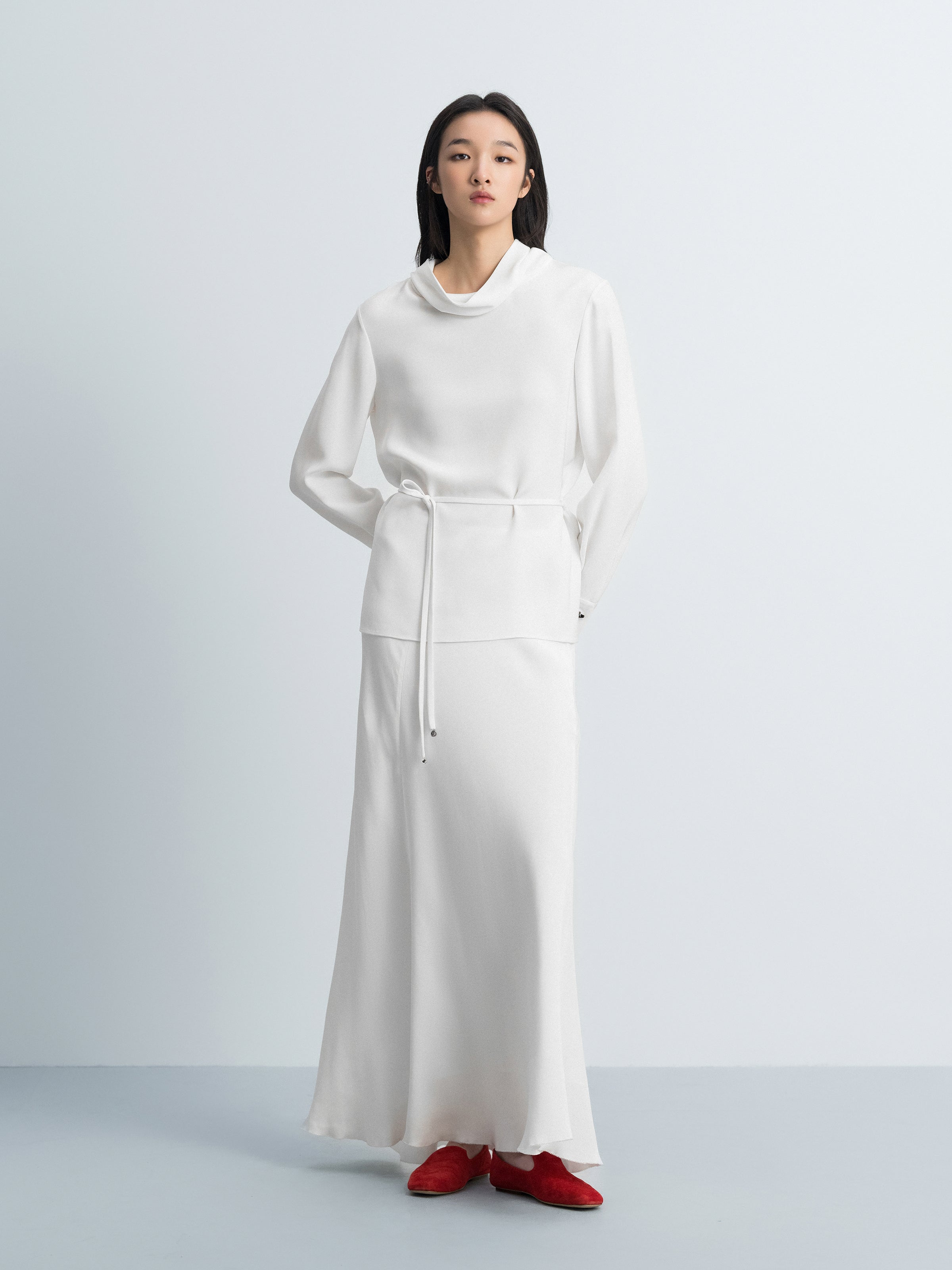 Cream White Mulberry Silk A-Line Fishtail Long Skirt