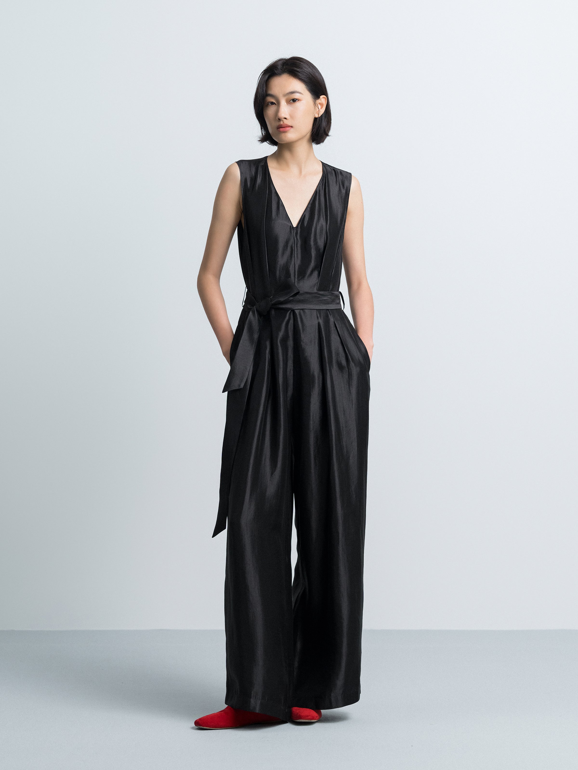 Black Shiny Silk Fitted Waist Wide Streamer Jumpsuit