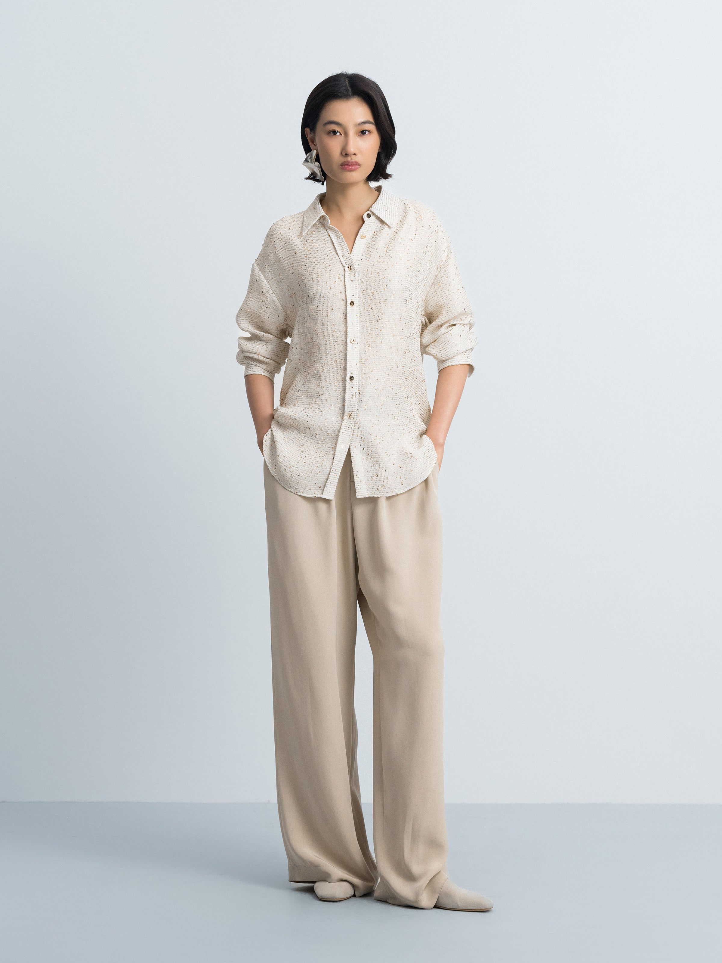 Beige Sequin Stripe Tailored Straight Long-Sleeve Shirt