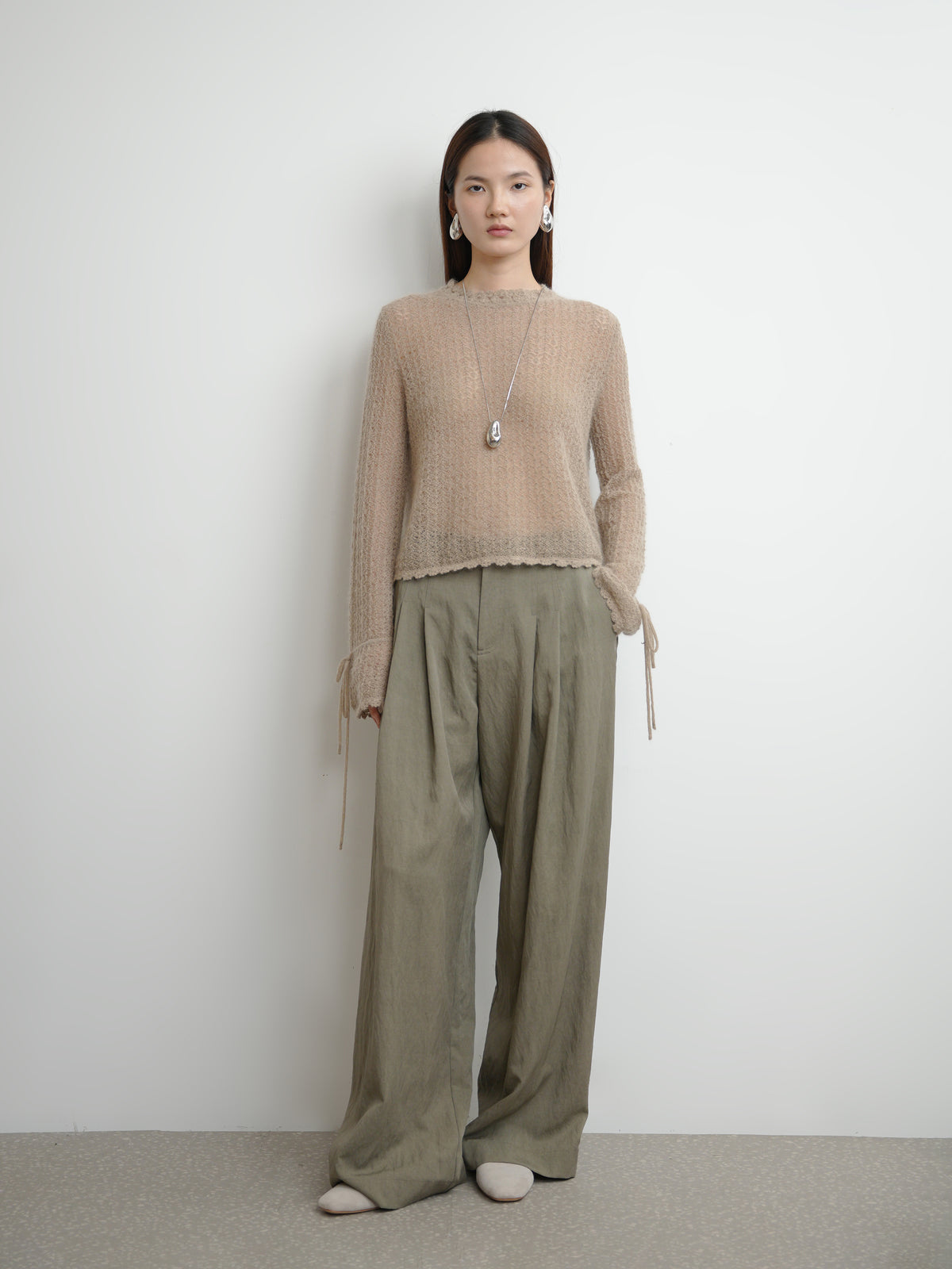 Attached Waist Double Pleat Wide Leg Trousers