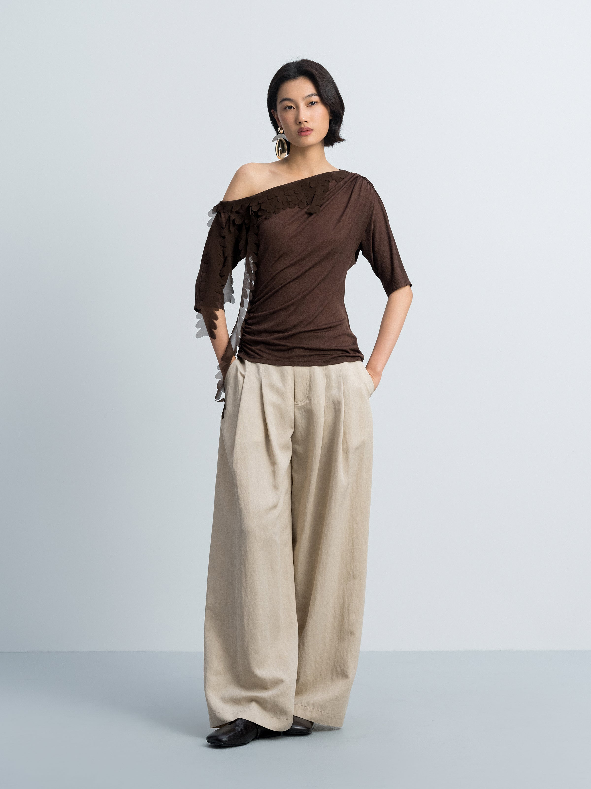 Brown Acetate Poly Knit One-Shoulder Ruching Elbow-Sleeve Top