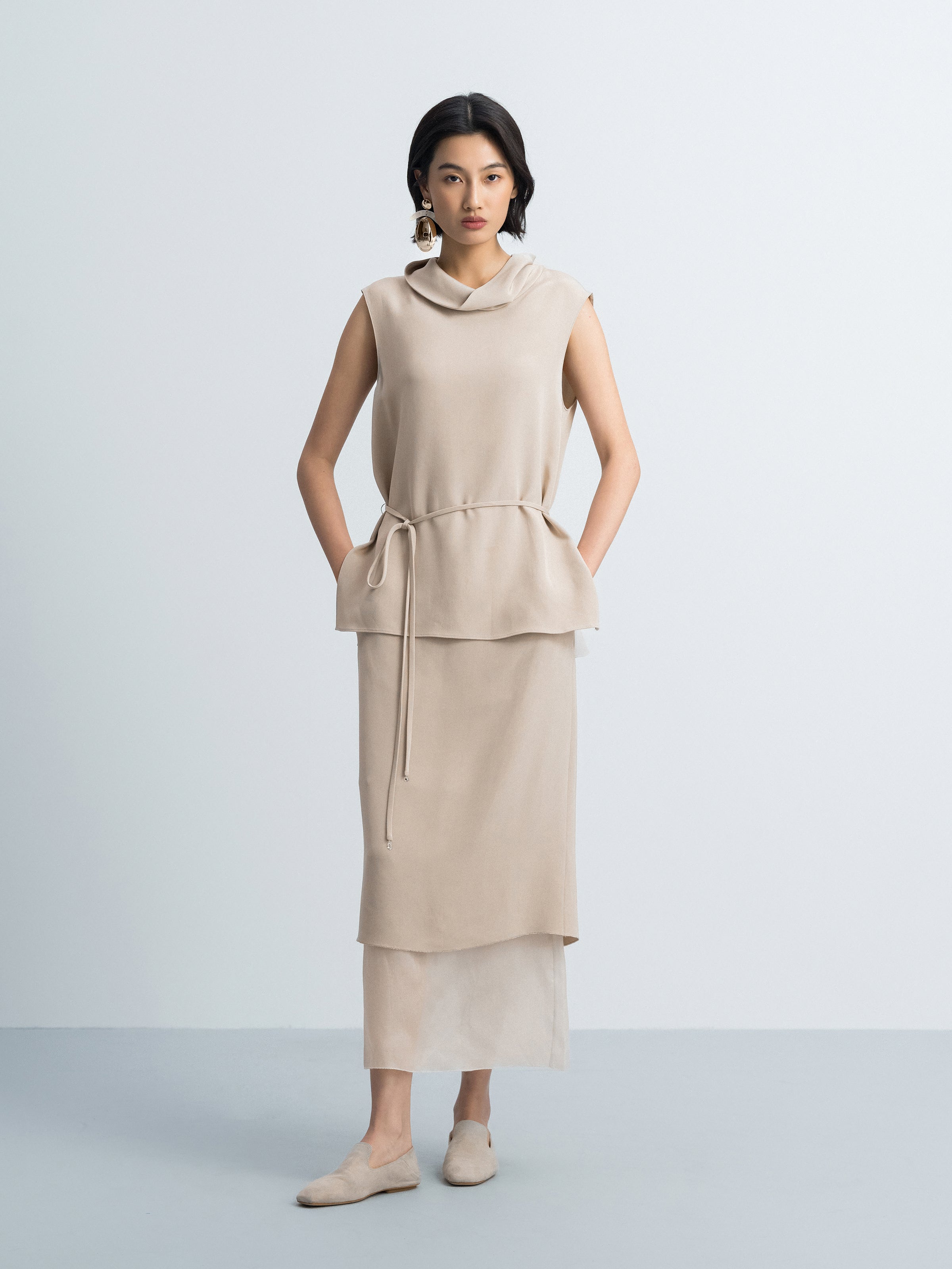Light Khaki Mulberry Silk Gauze Splice Straight Midi Skirt