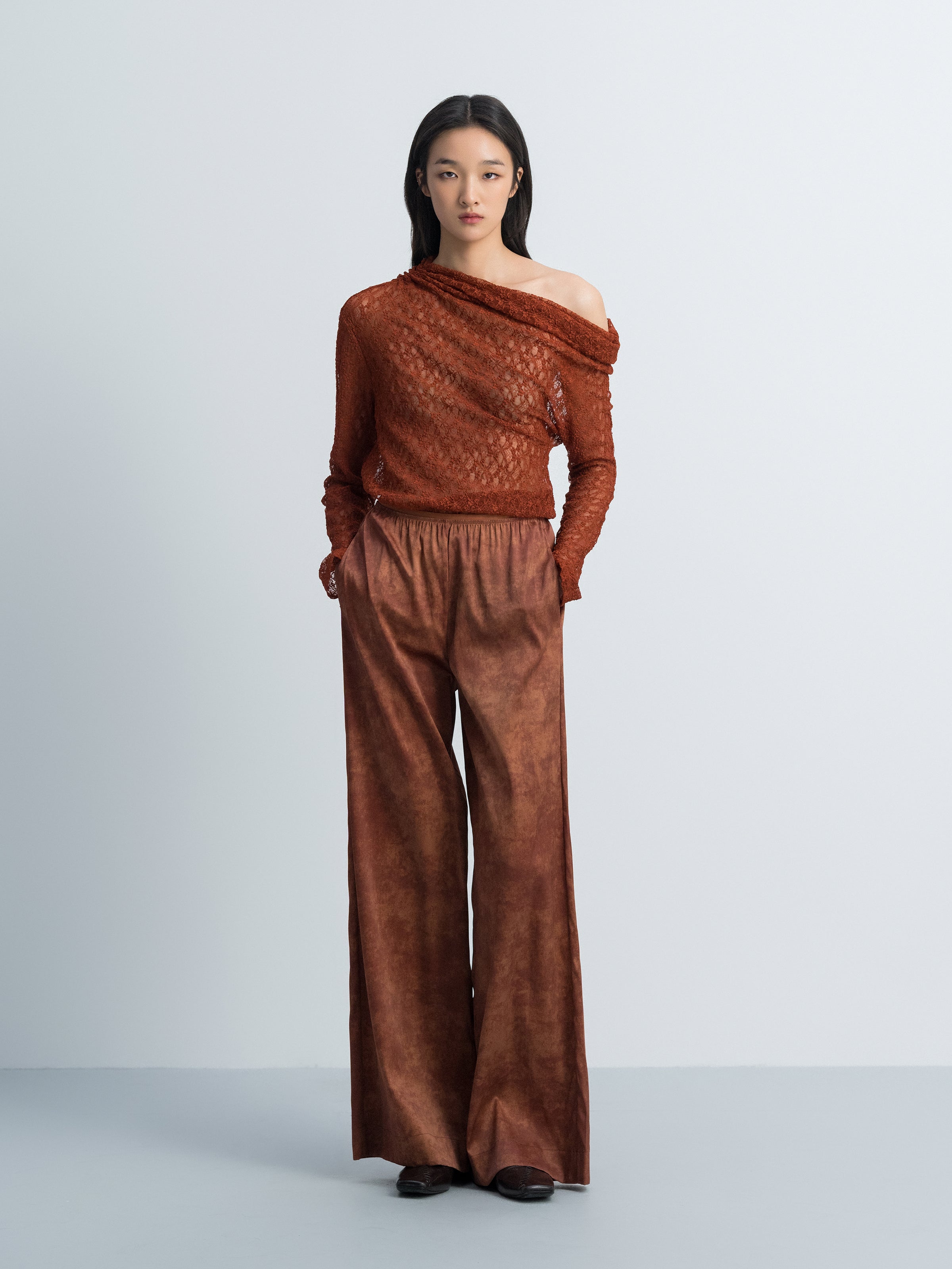 Orange Red Stretch Lace Stacked Neck Fitted Long-Sleeve Top