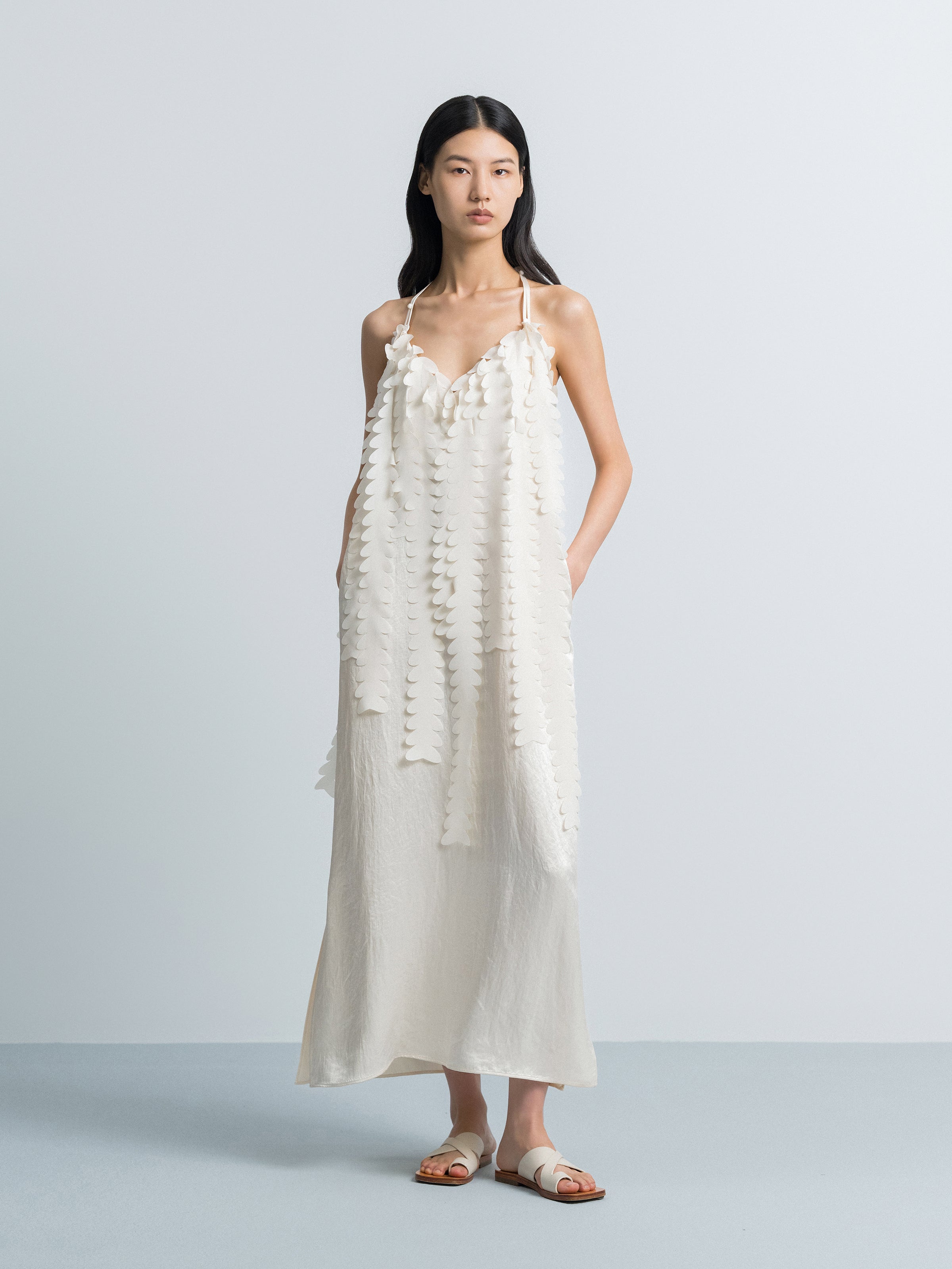 Cream White Acetate V-Neck Double Strap Floral Slip Dress
