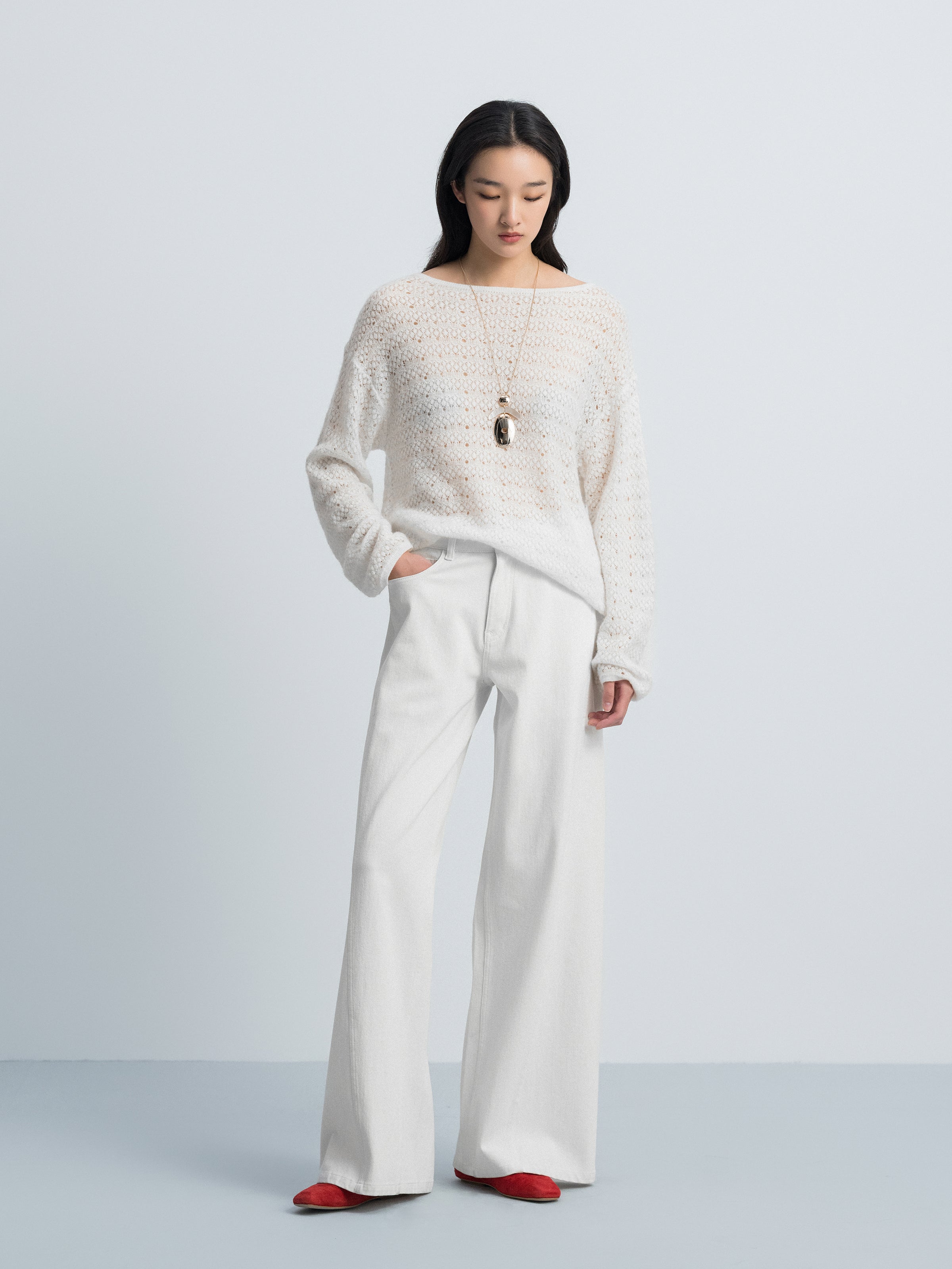Off White Alpaca Wool Tencel Openwork Knit Pullover