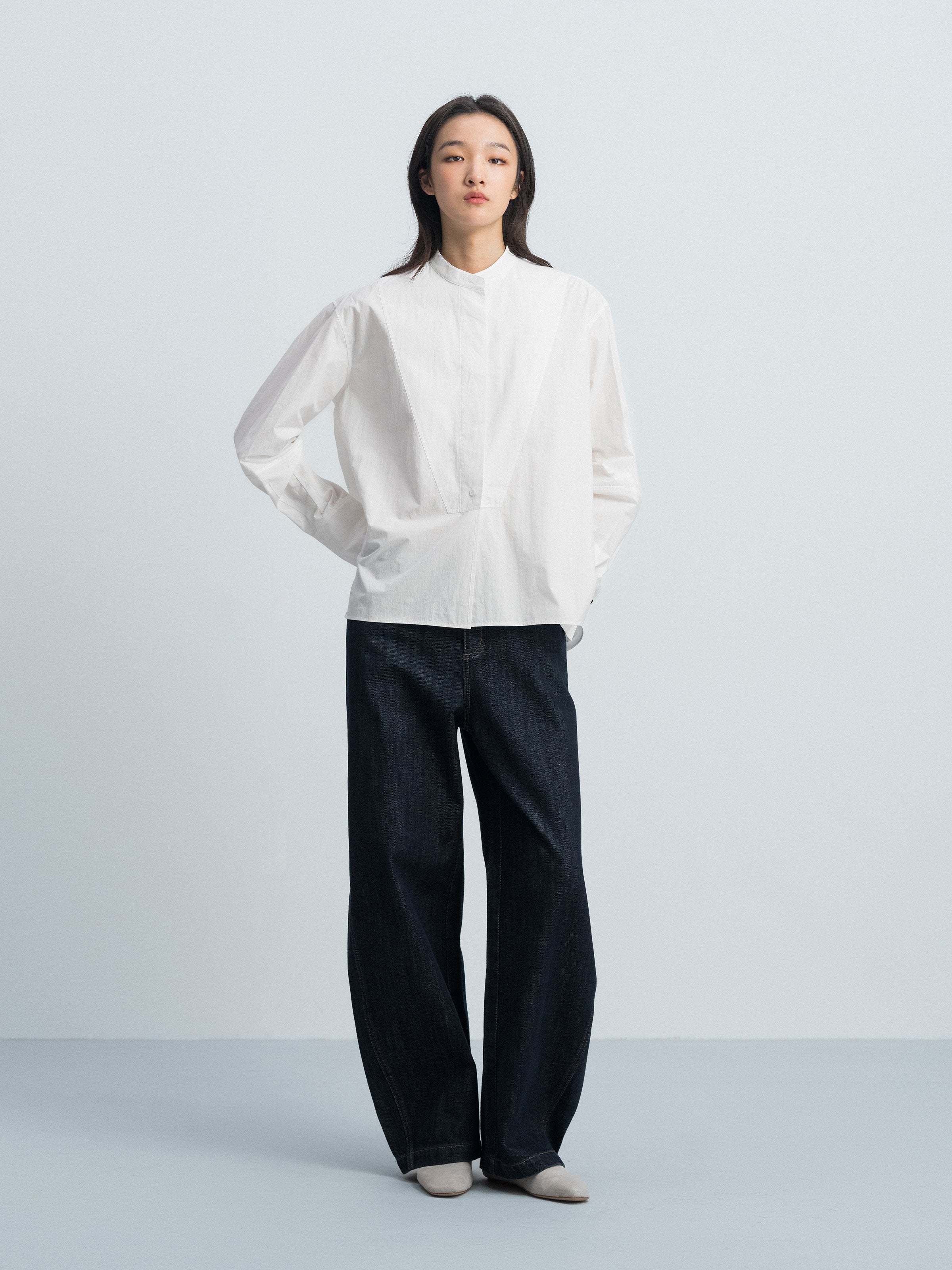 Off White Cotton Crinkle Stand Collar Hidden Placket Shirt