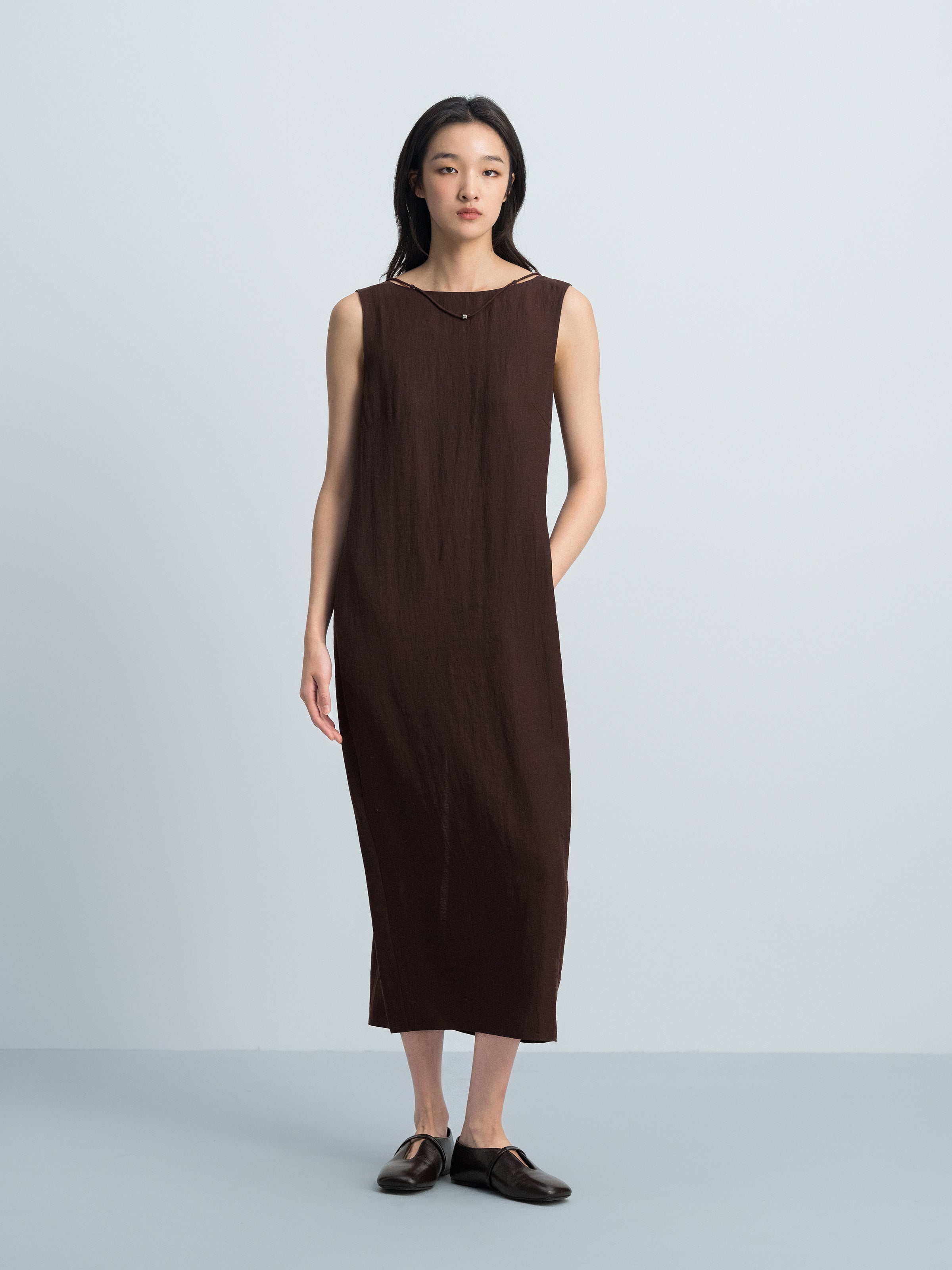 Coffee Brown Linen Blend Drawstring V Knot Cocoon Dress