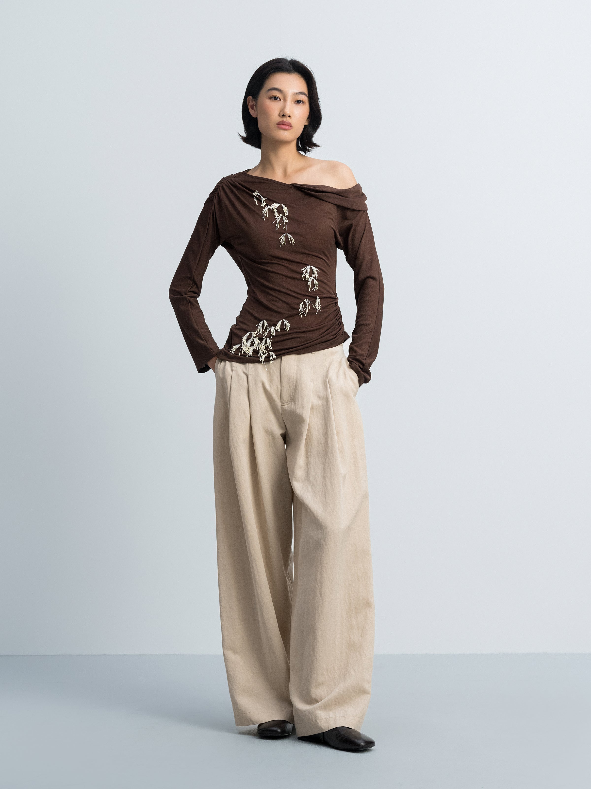 Brown Acetate Poly Knit Shoulder Ruching Diagonal Hem Top