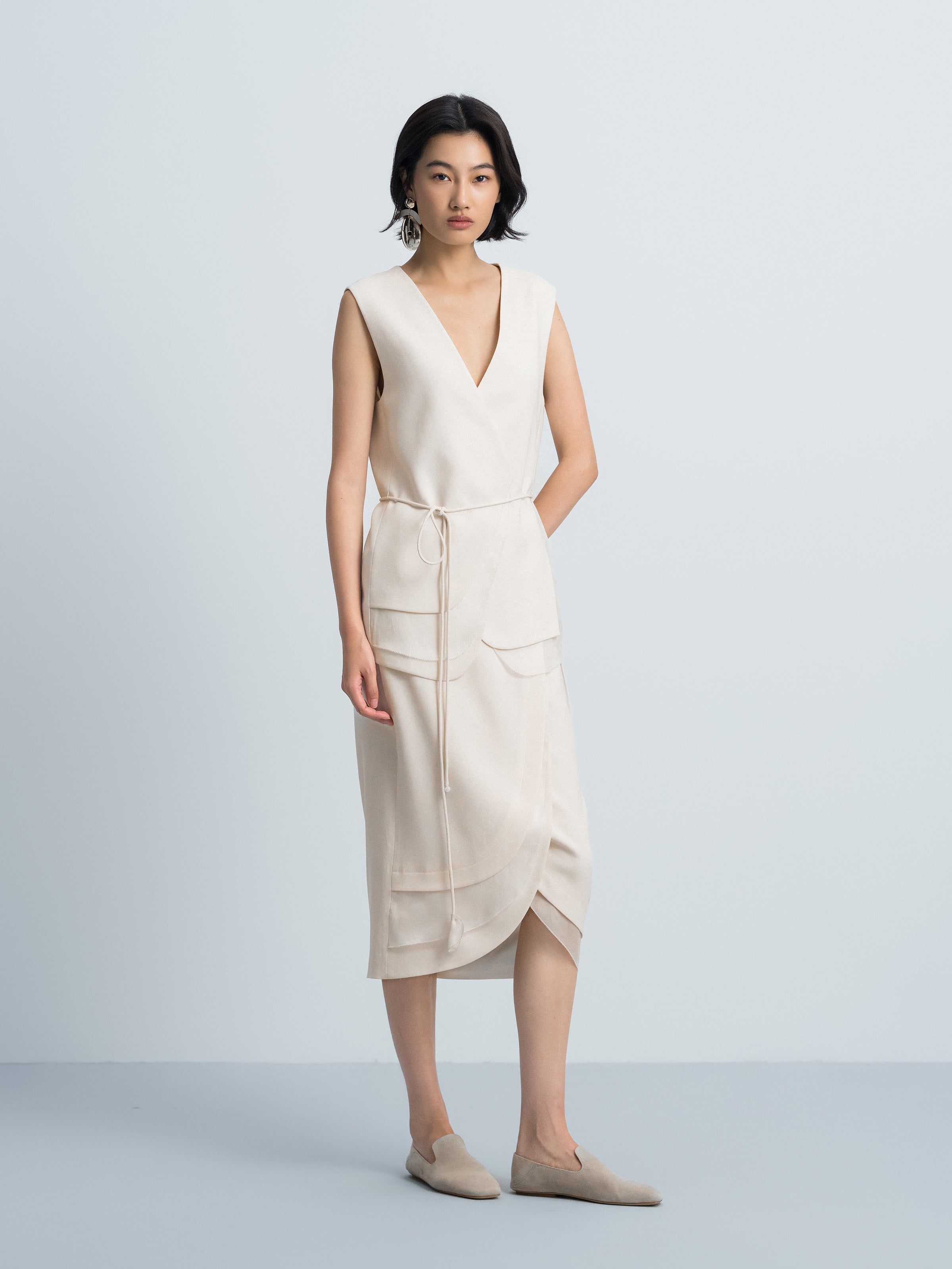 Cream White Triacetate Mesh Cocoon Tassel Tie Midi Skirt