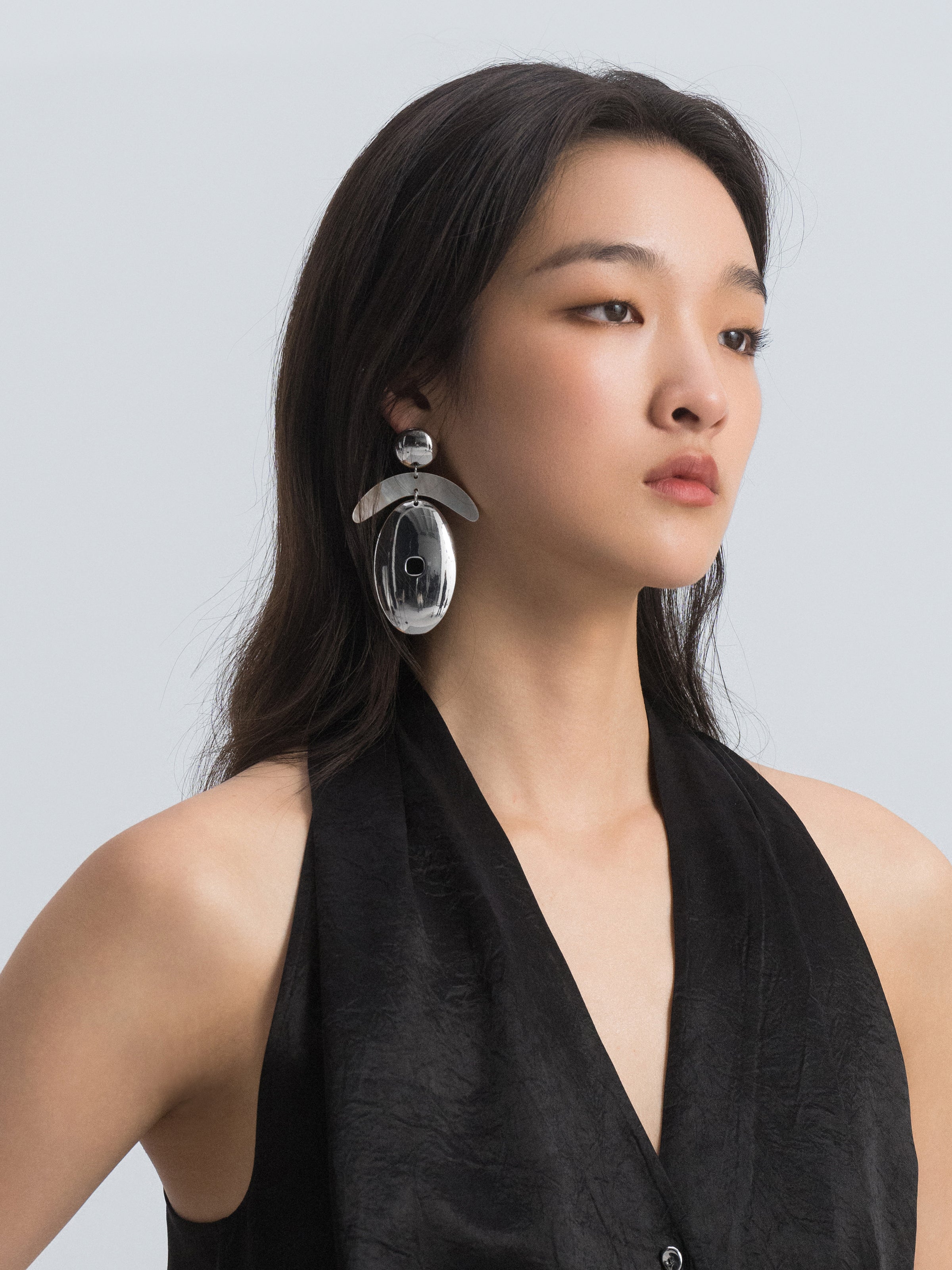 Silver Mother of Pearl Crescent Oval Pendant Earrings