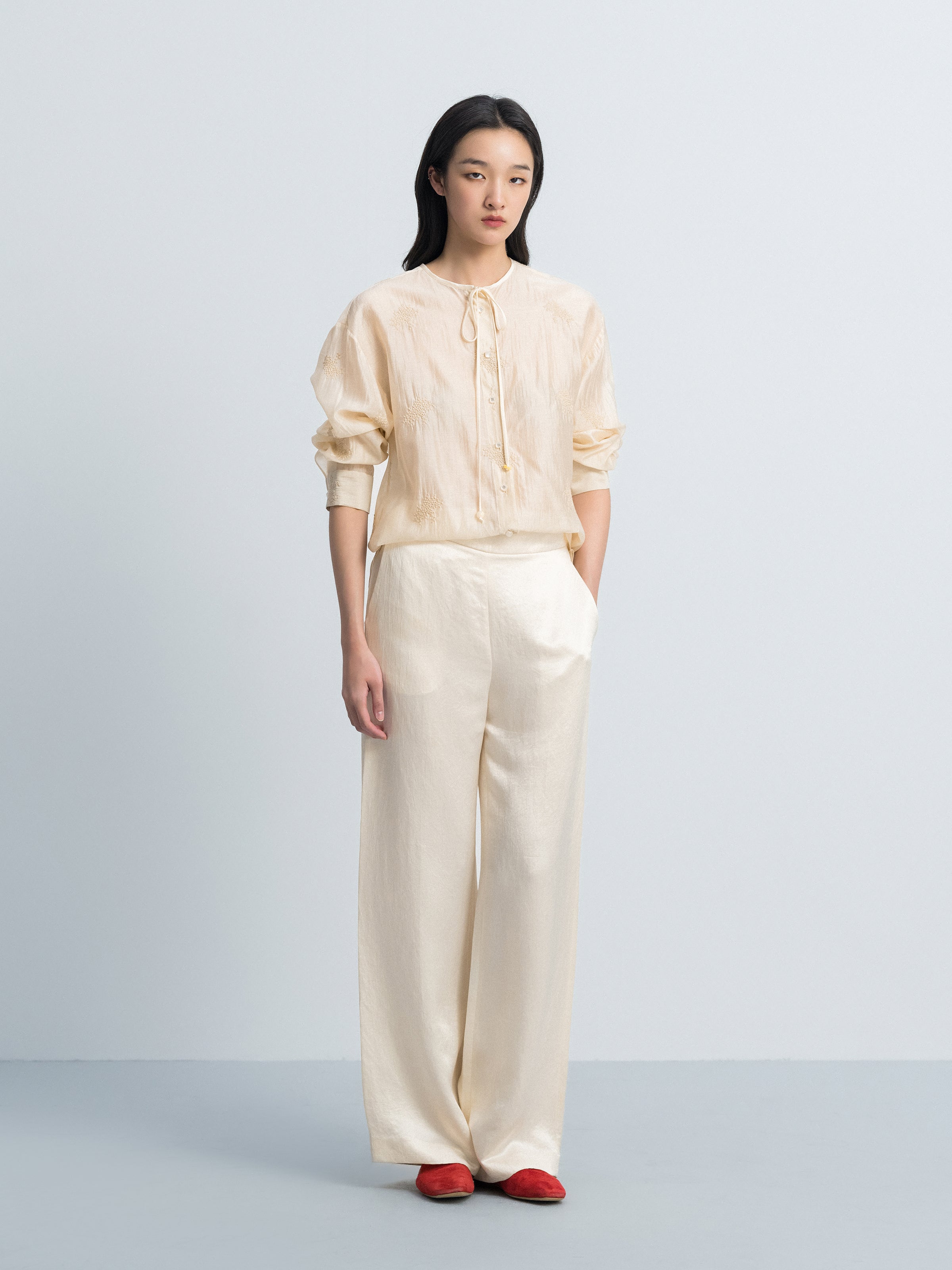 Beige Yellow Lyocell Blend Round Neck Bow Tie Shirt