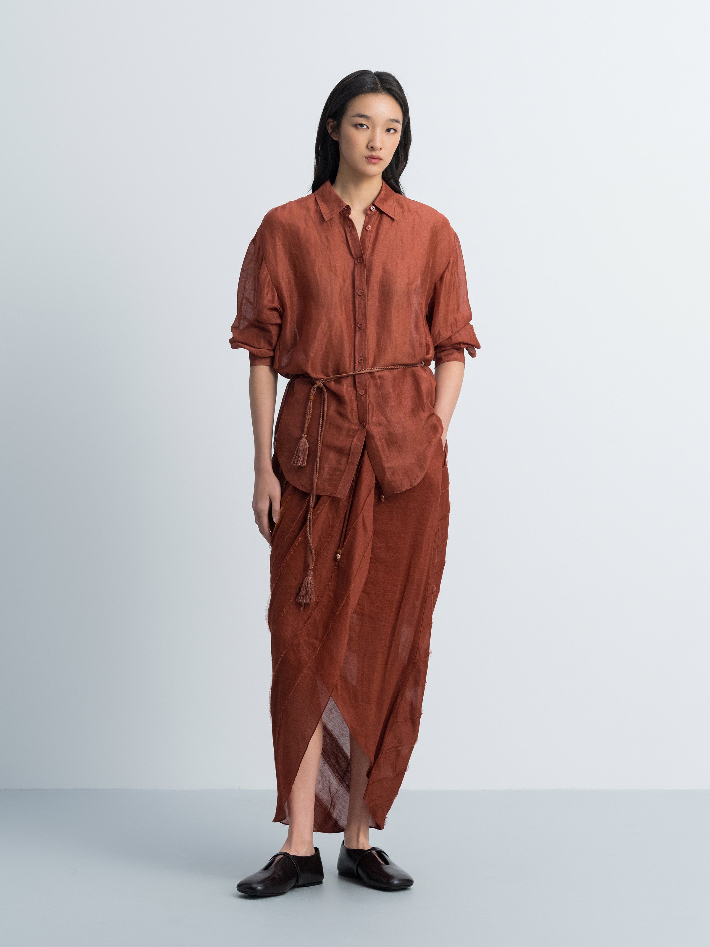 Dark Red Silk Linen Tassel Waist Irregular Cocoon Midi Skirt