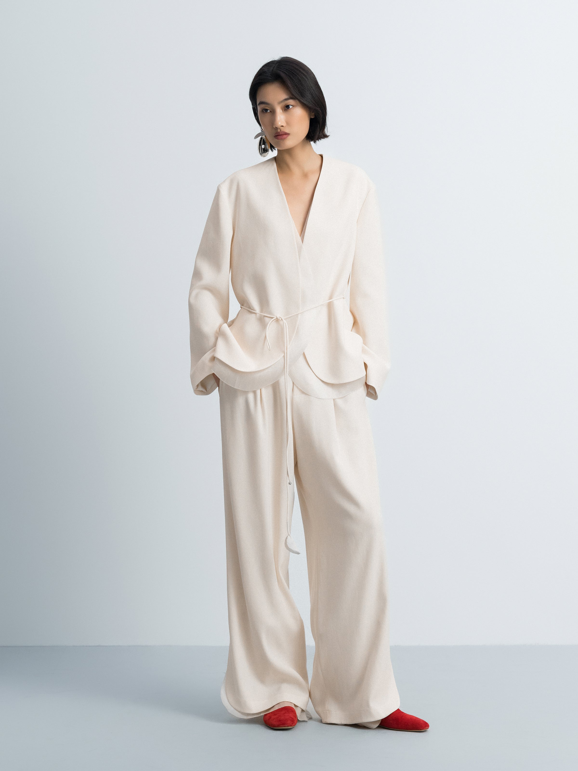 Cream White Triacetate Organza Mesh Cord Belt Blazer