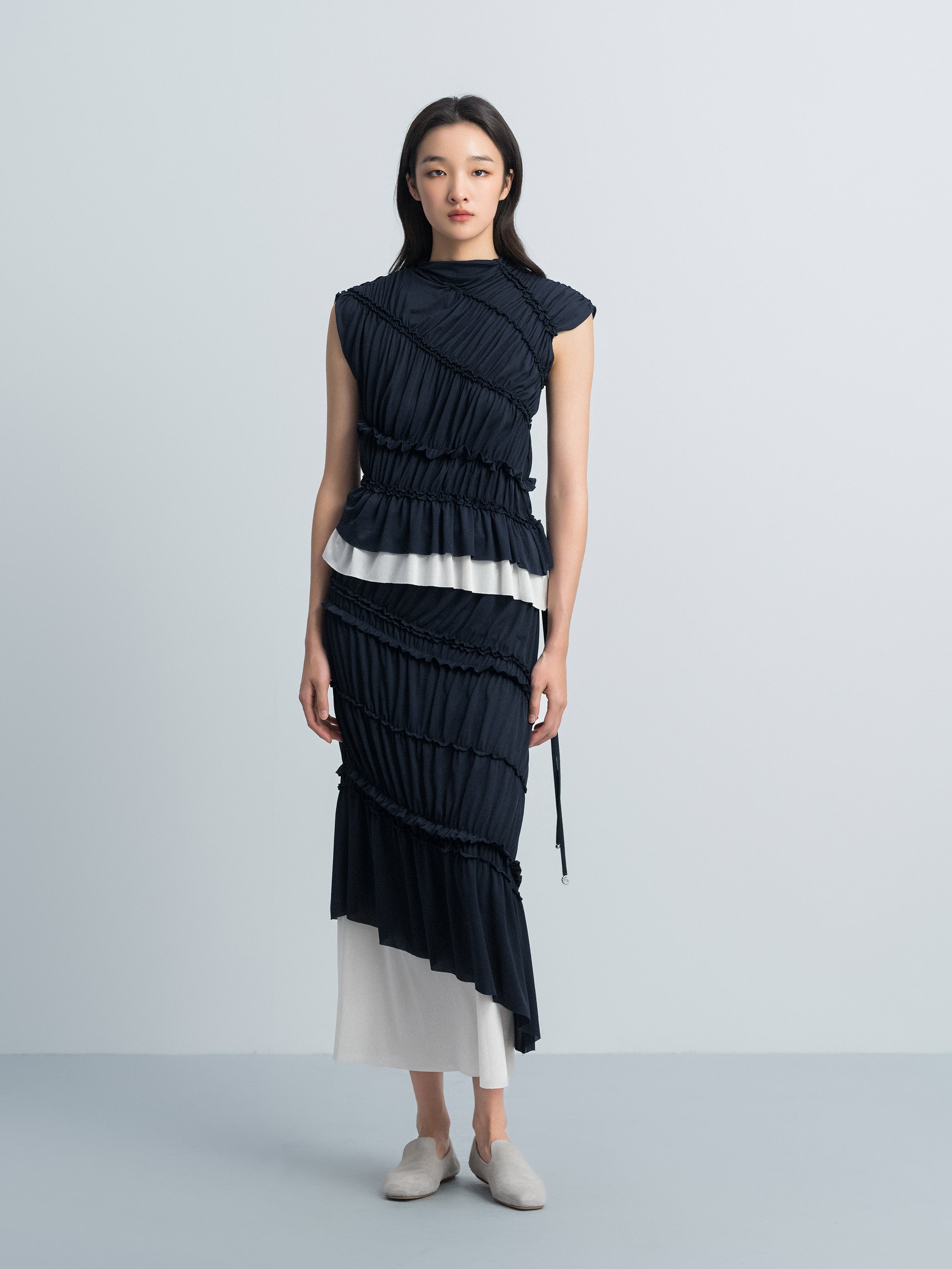 Navy Blue Acetate Knit Fitted Sleeveless Color-Block Top