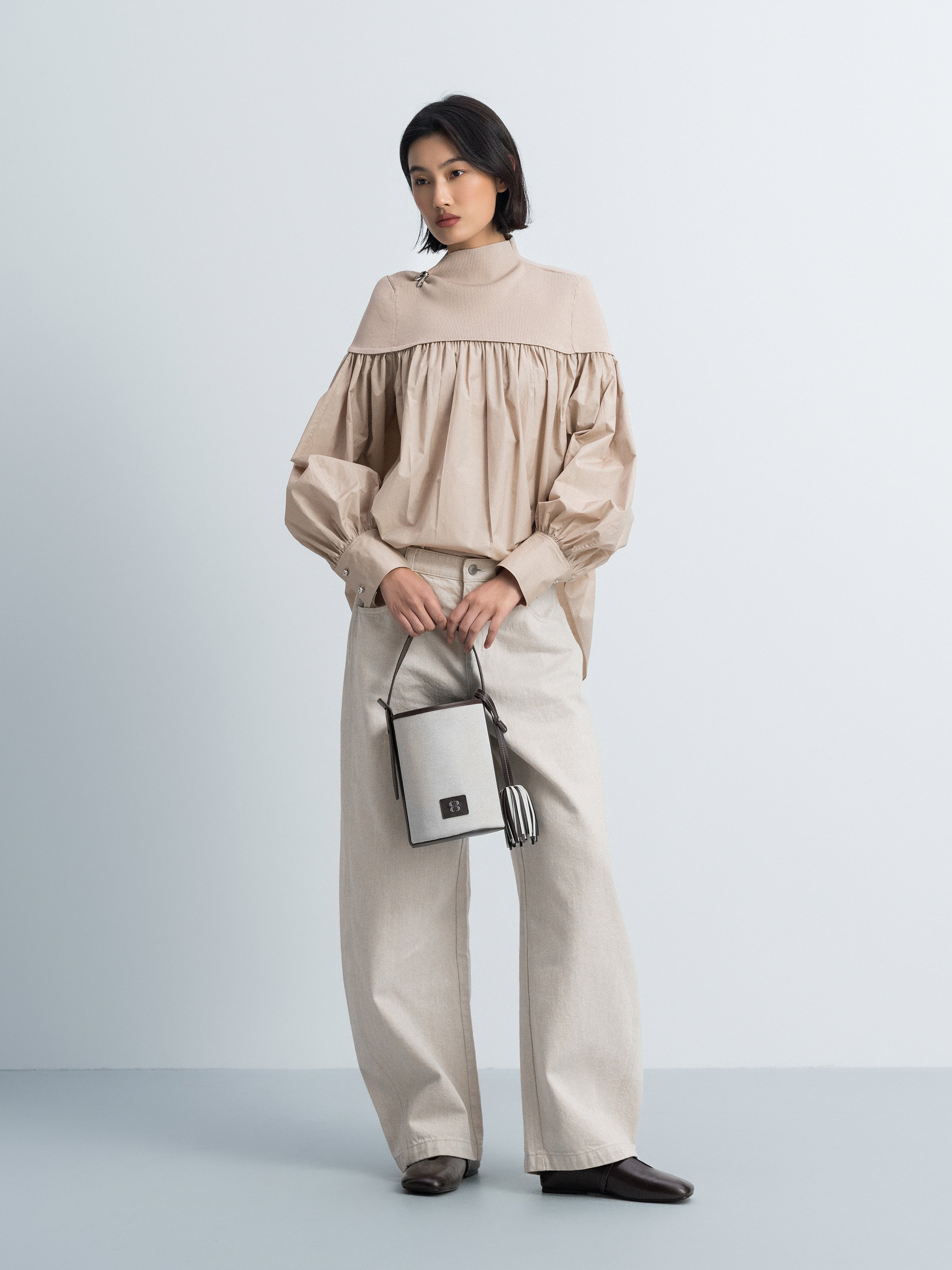 Beige Cotton Poly Viscose Spliced Ruched Long-Sleeve Top