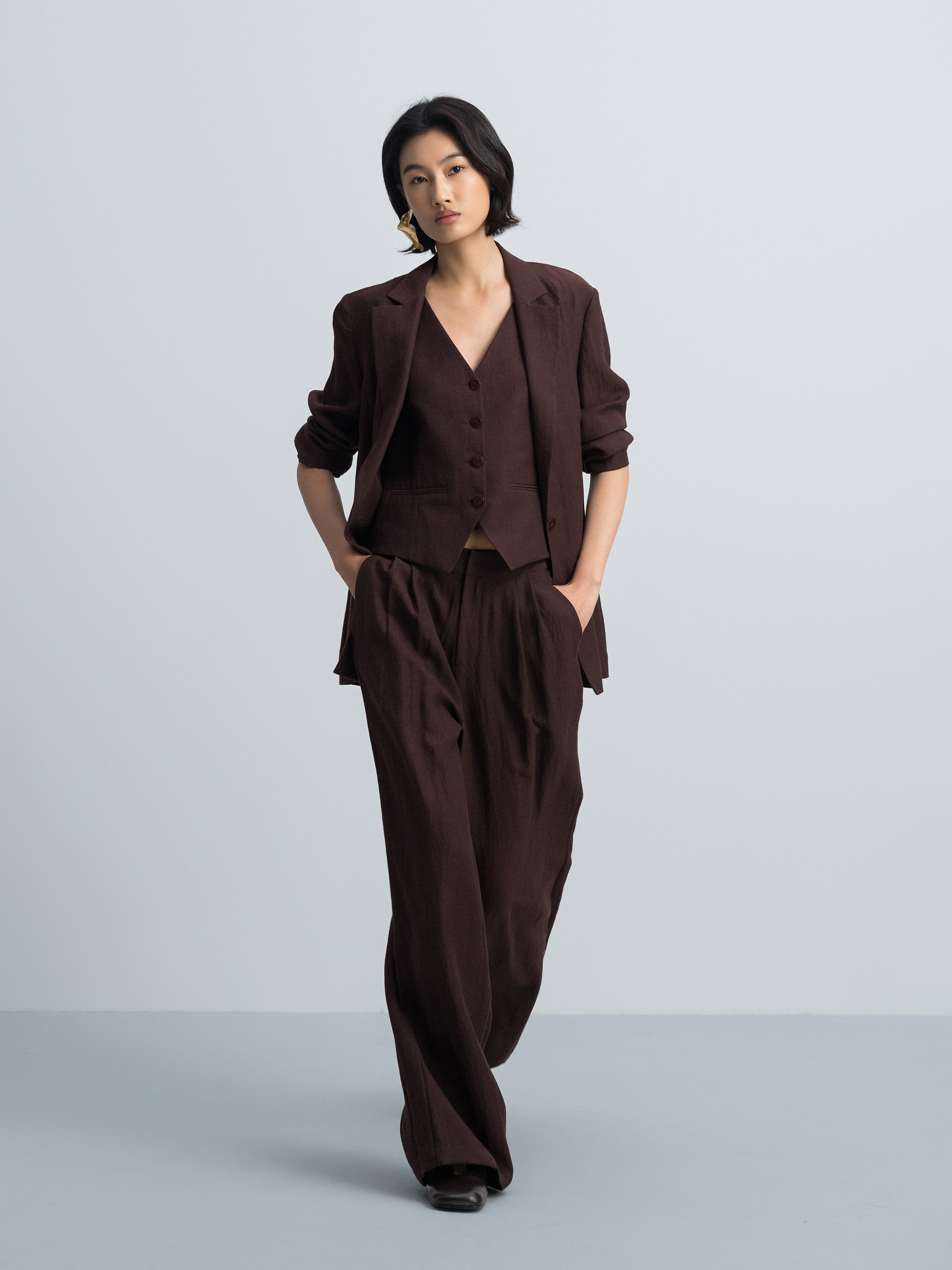 Coffee Brown Linen Blend Straight Notch Lapel Blazer