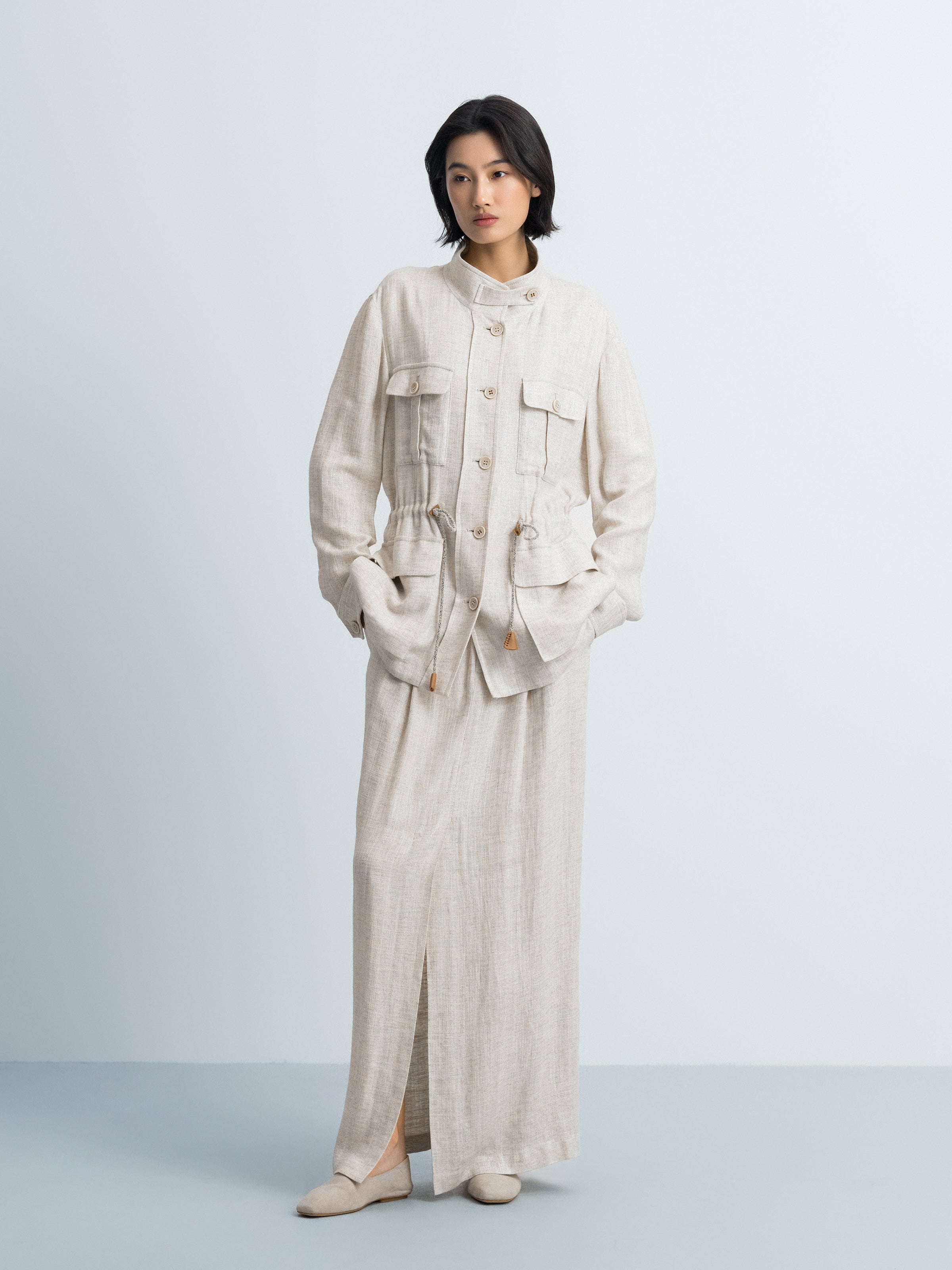 Beige Shimmering Linen Viscose Drawstring Stand Collar Jacket
