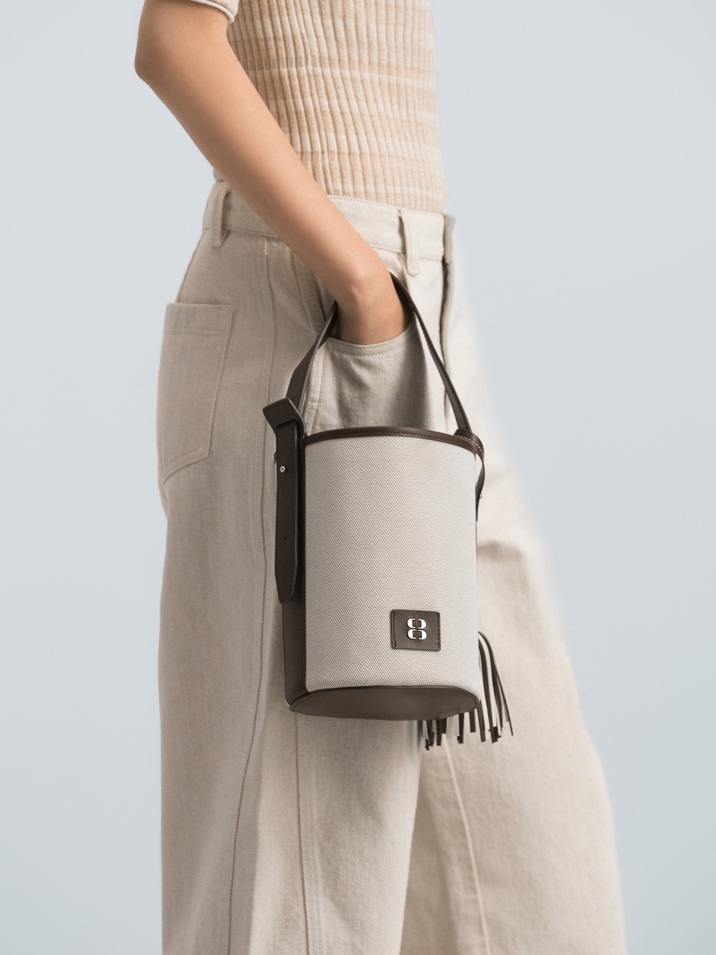 Beige Woven Canvas Leather Splice Cylindrical Crossbody Bag