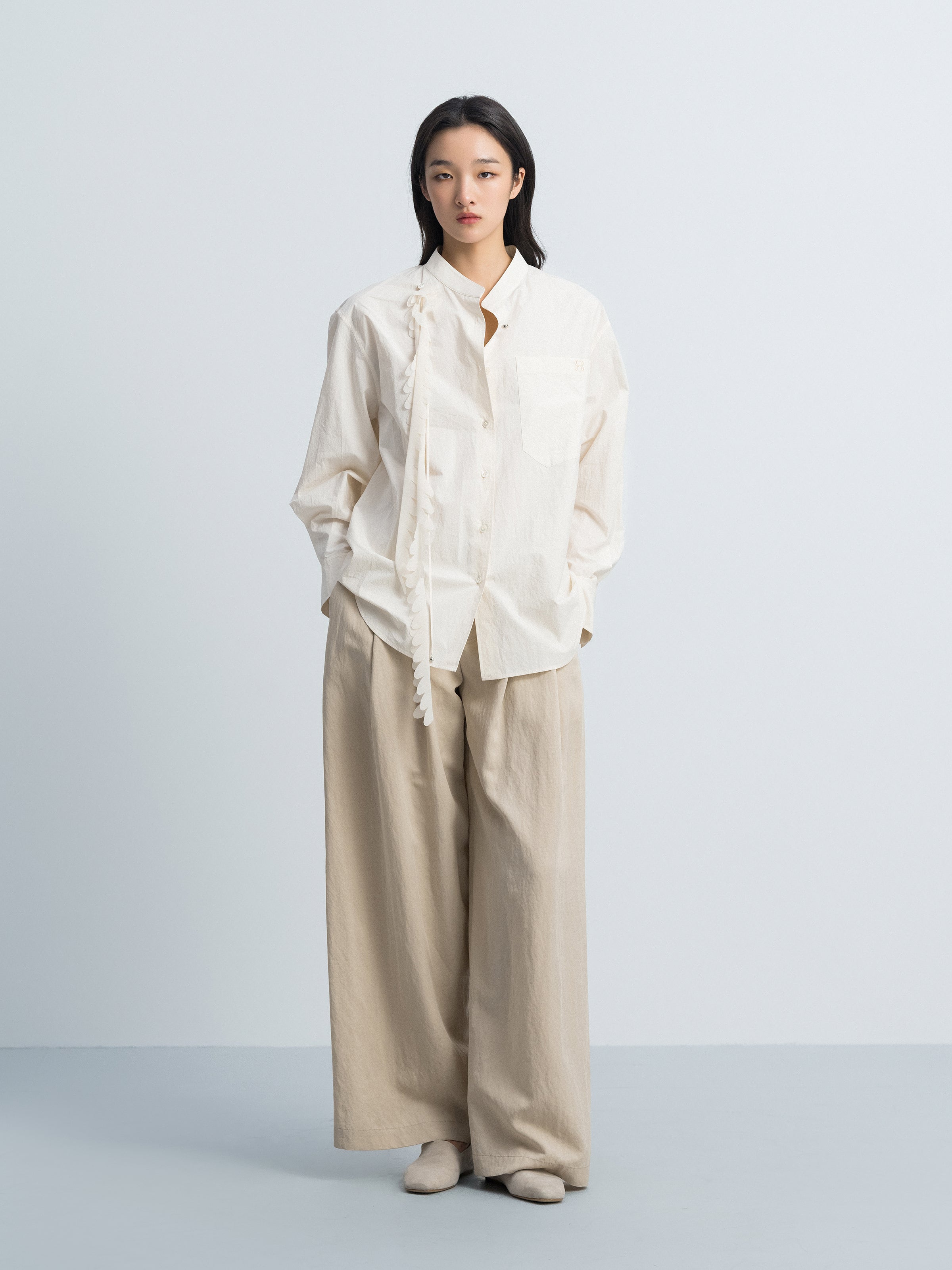 Cream White Washed Pima Cotton Stand Collar Detachable Shirt