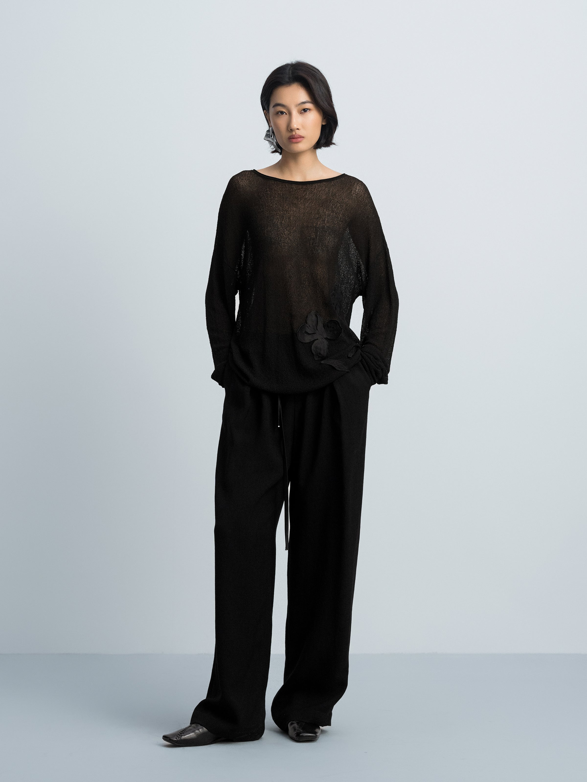 Black Italian Viscose Boat Neck Floral Knit Pullover