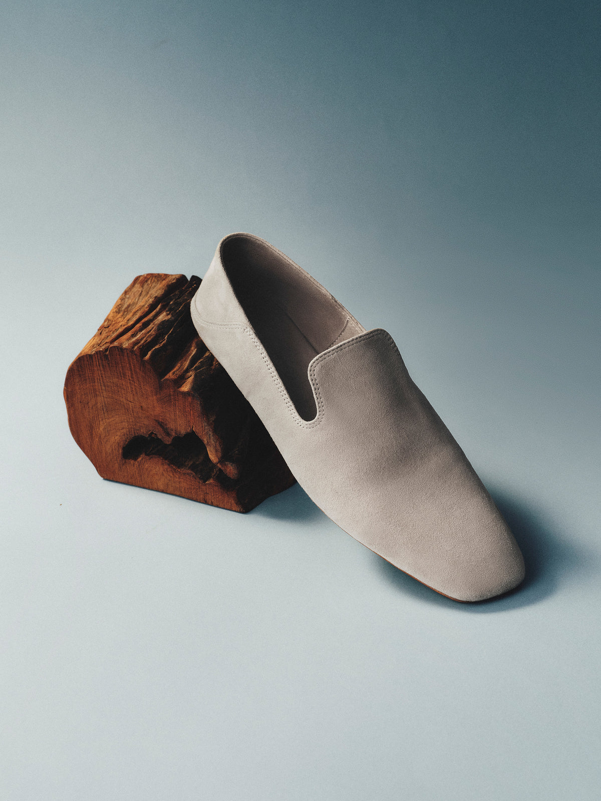 Beige Suede Goatskin U-Cut Square Toe Loafer Flats