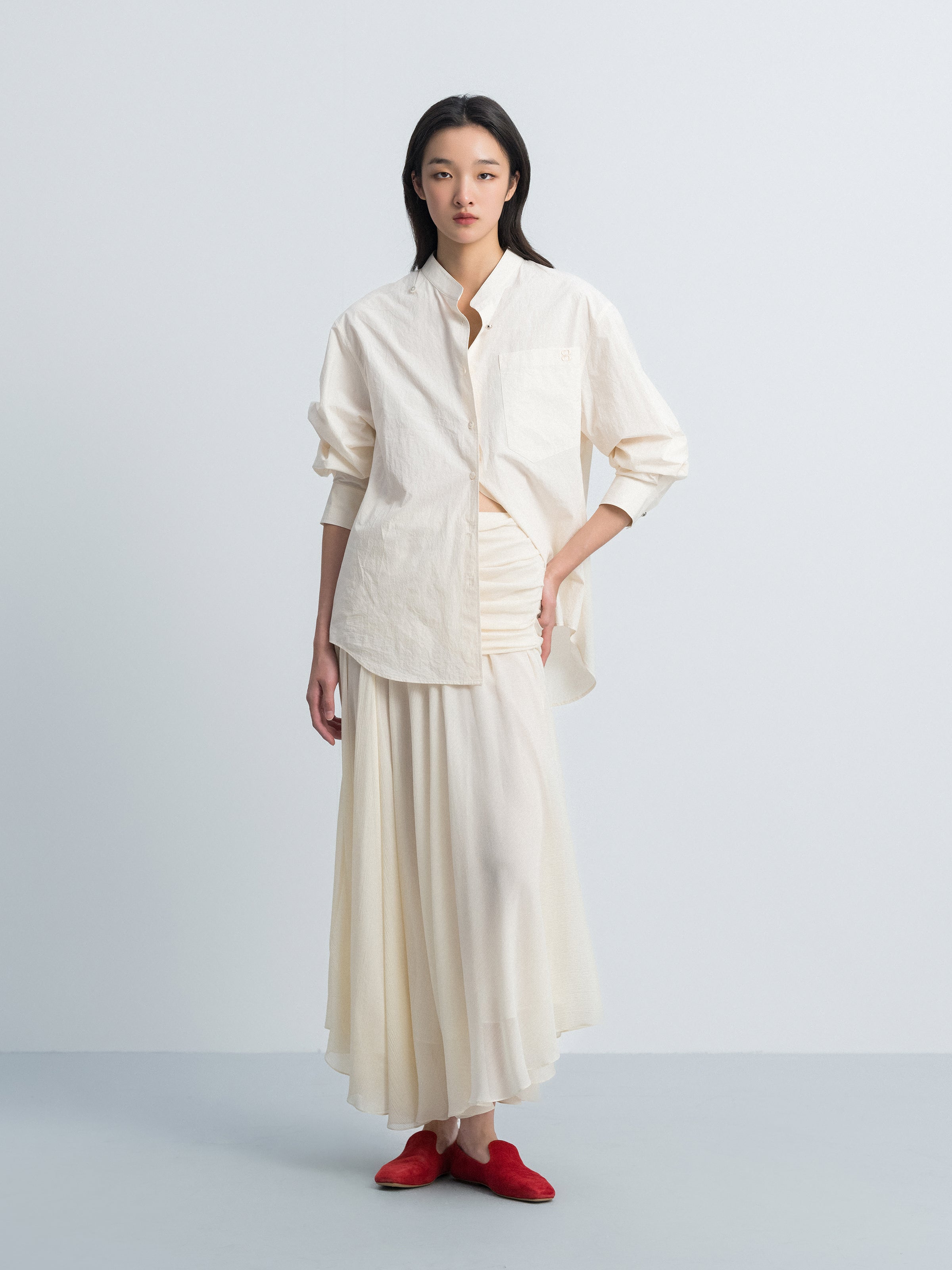 Cream White Silk Blend Gathered Waist Ruched Long Skirt