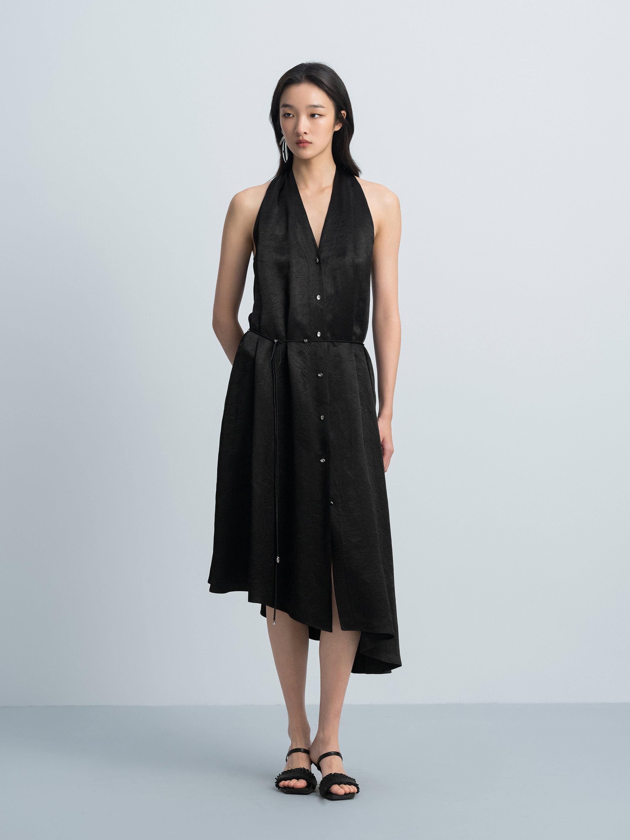 Black Acetate Satin Halter V-Neck Belt Waist Sleeveless Dress