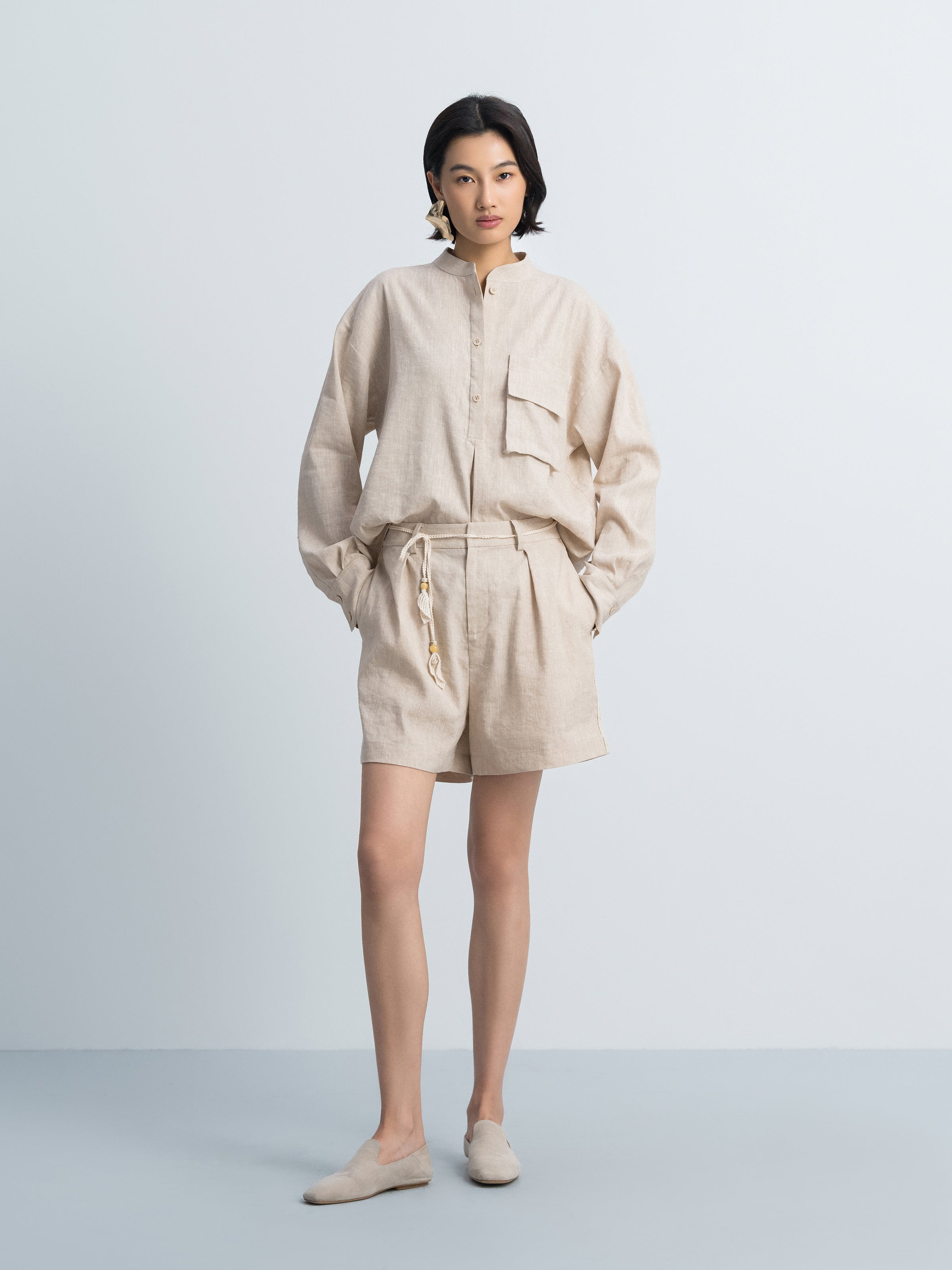Light Khaki Linen Stand Collar 3D Pocket Long-Sleeve Shirt