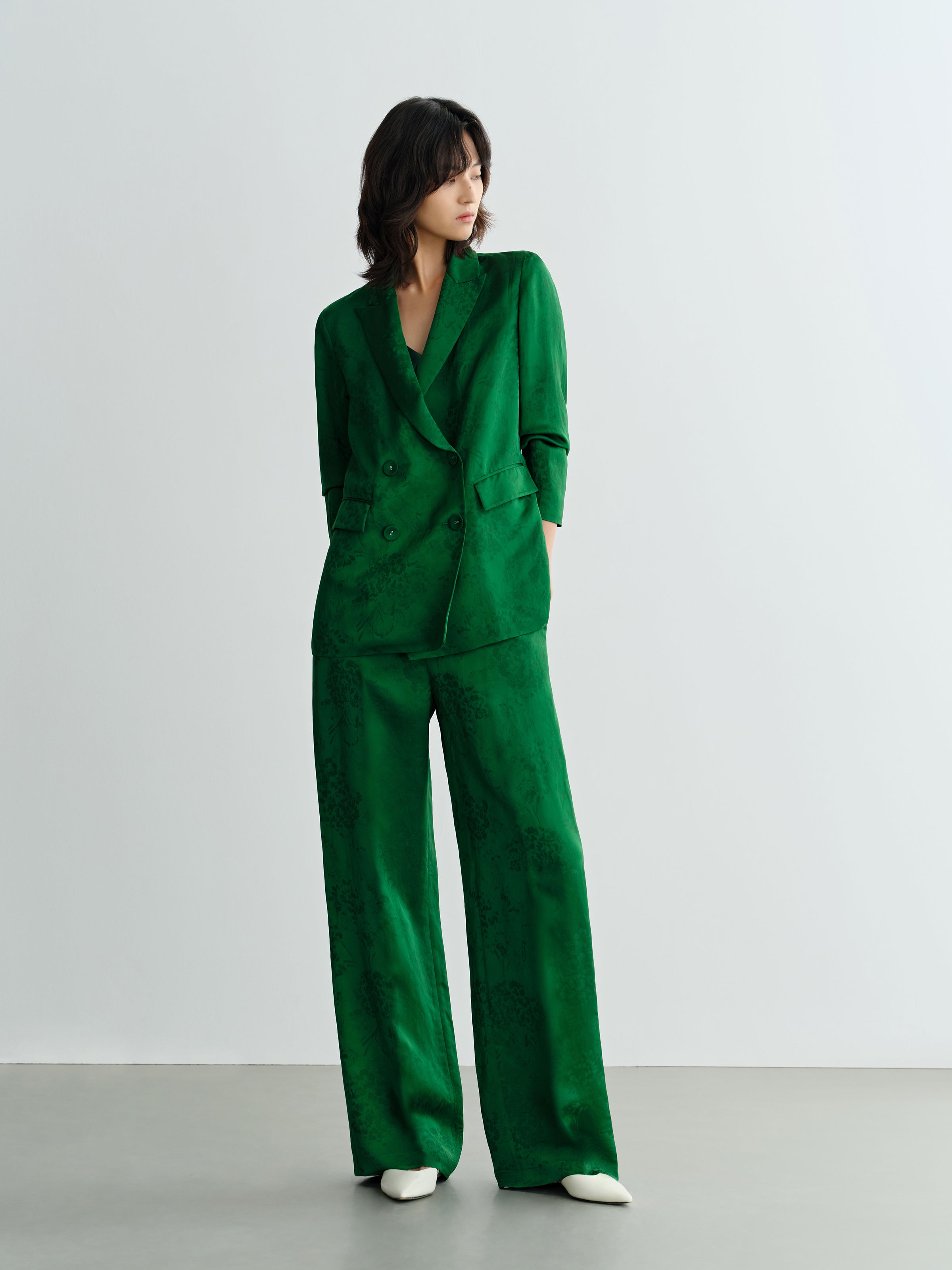 Green Mulberry Silk Jacquard Double Breasted Straight Blazer