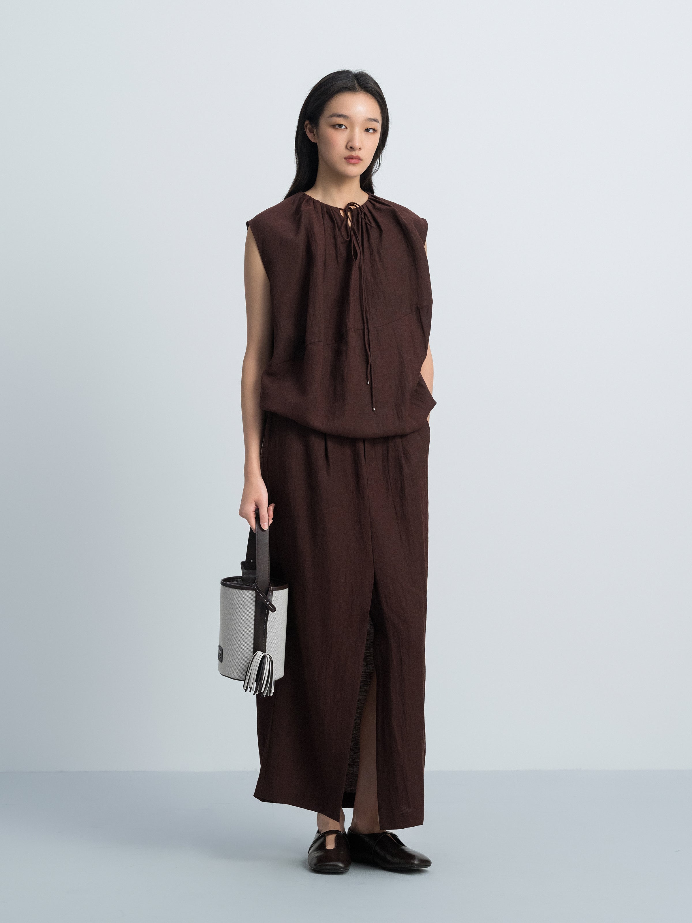 Coffee Brown Linen Blend Drawstring Neck Cocoon Top