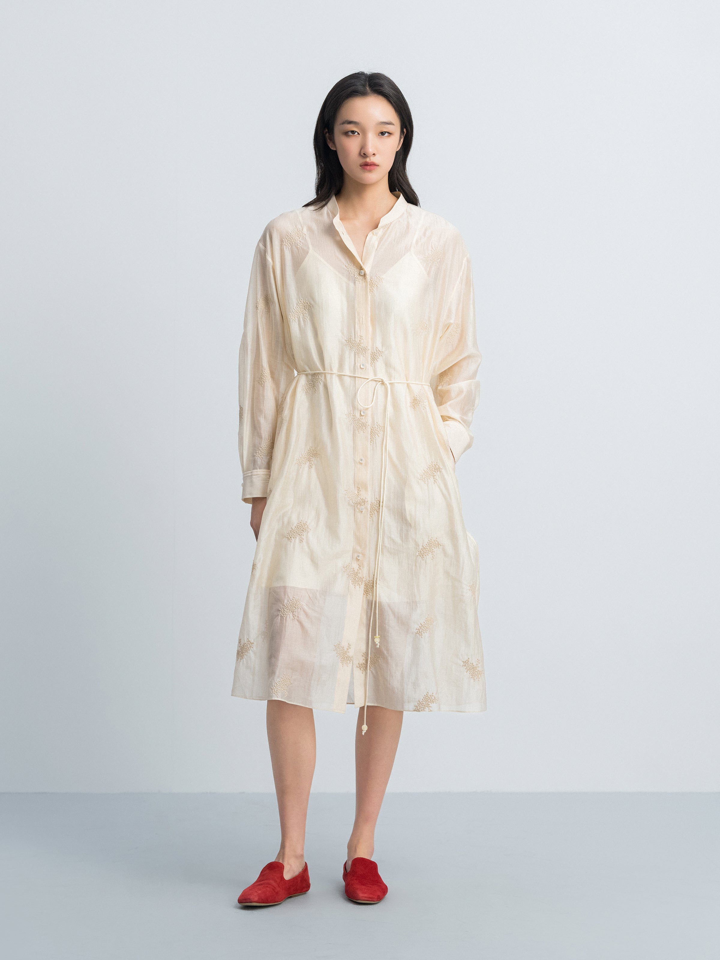 Beige Yellow Lyocell Blend Stand Collar Belt Waist Dress