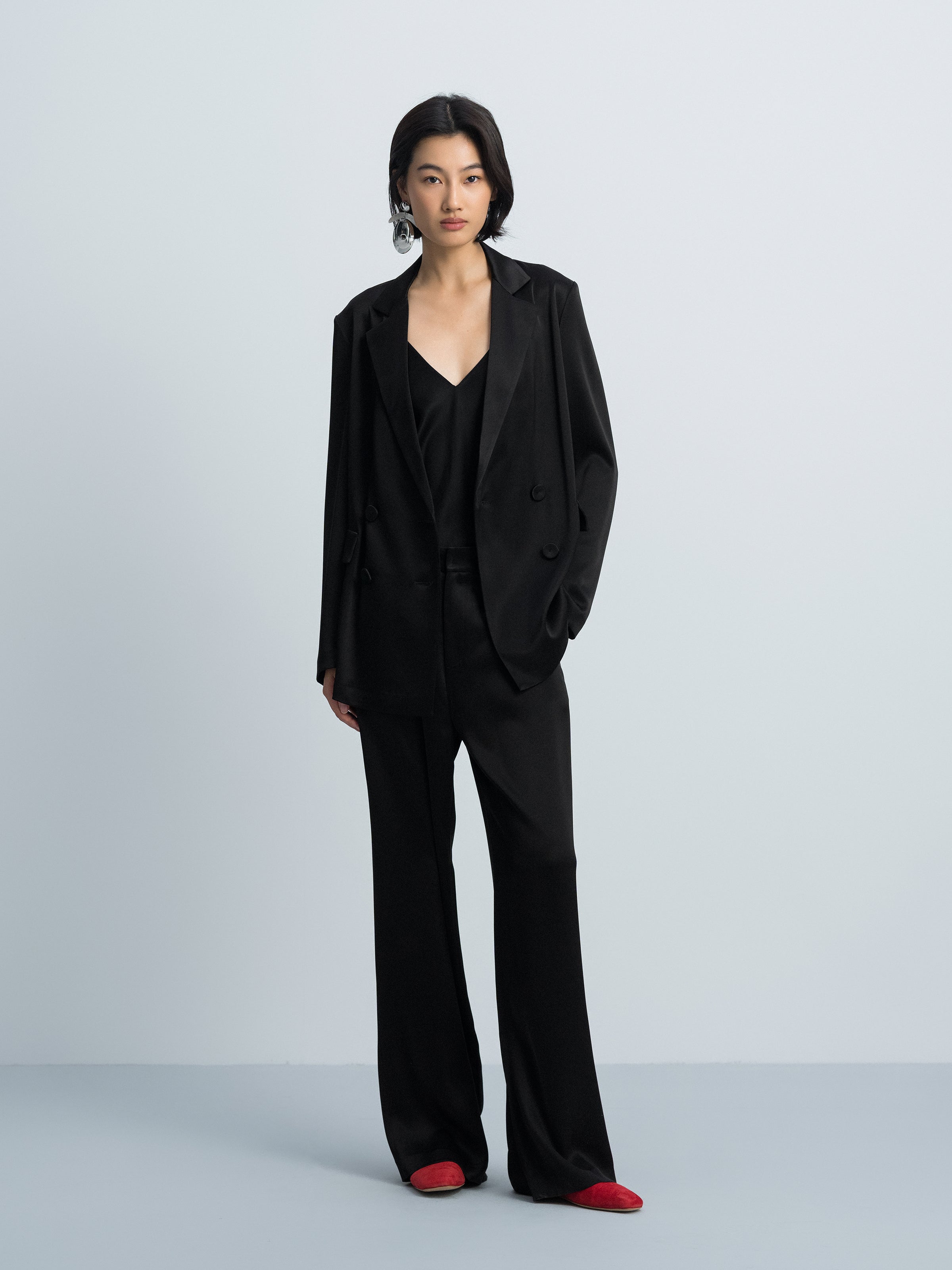 Black Triacetate Breathable Double Pocket Wide-Leg Trousers