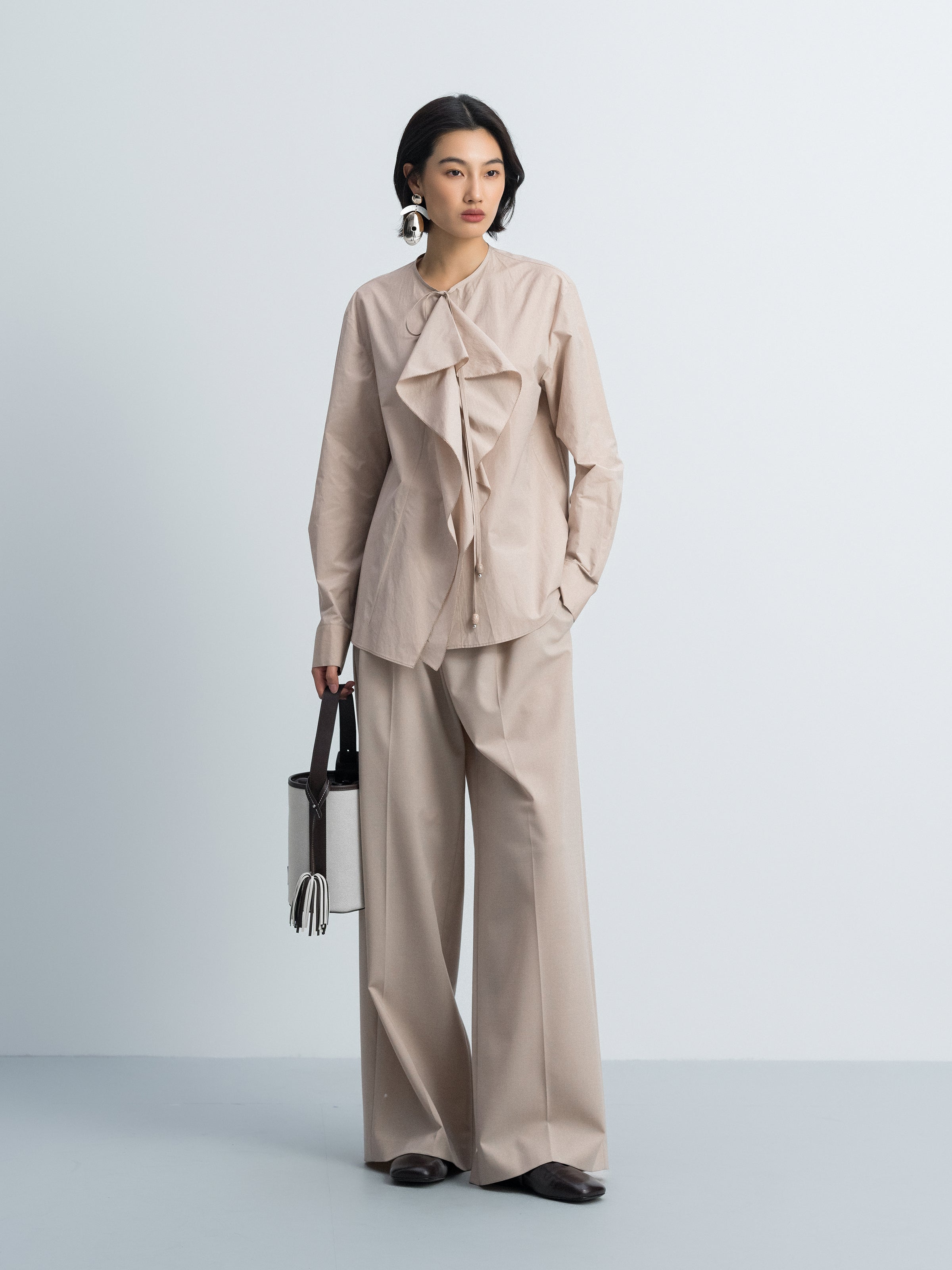 Light Khaki Worsted Wool Double Pleat Wide-Leg Trousers