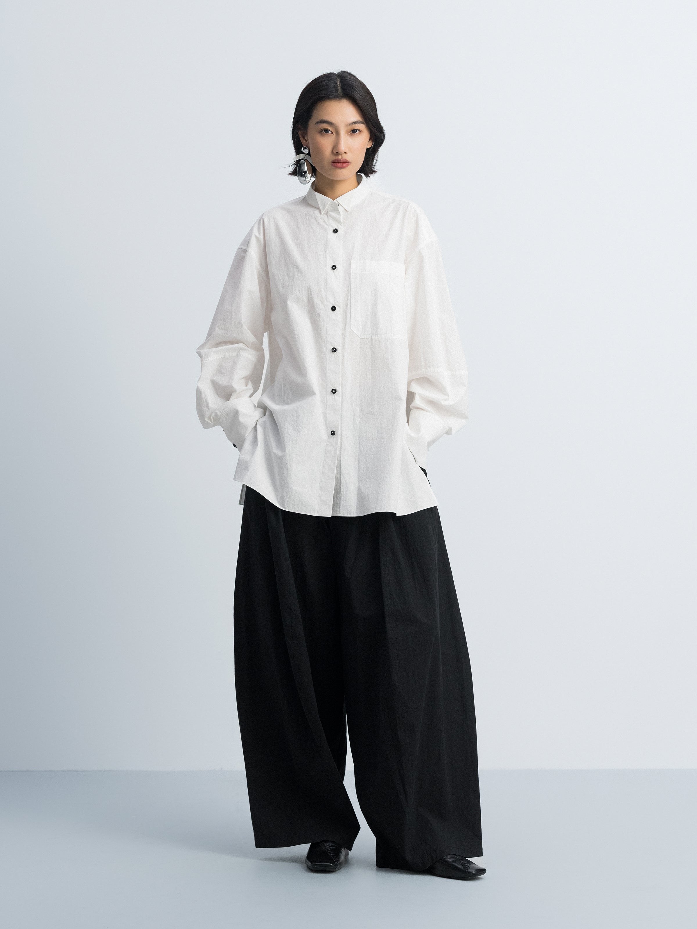 Off White Cotton Crinkle Contrast Button Side Slit Shirt