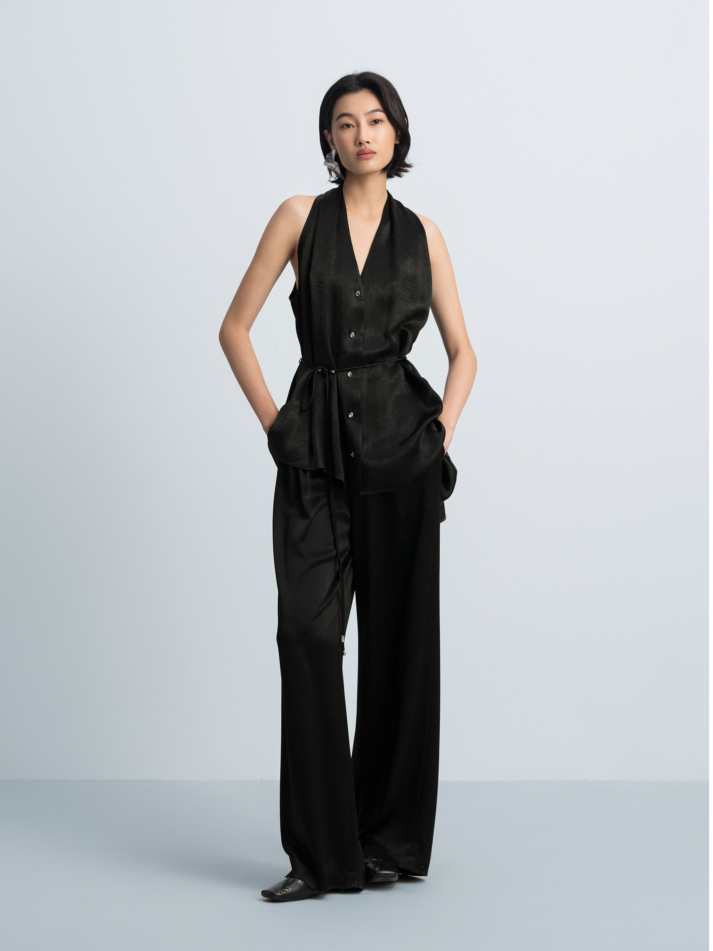 Black Acetate Satin Halter V-Neck Belt Waist Sleeveless Top