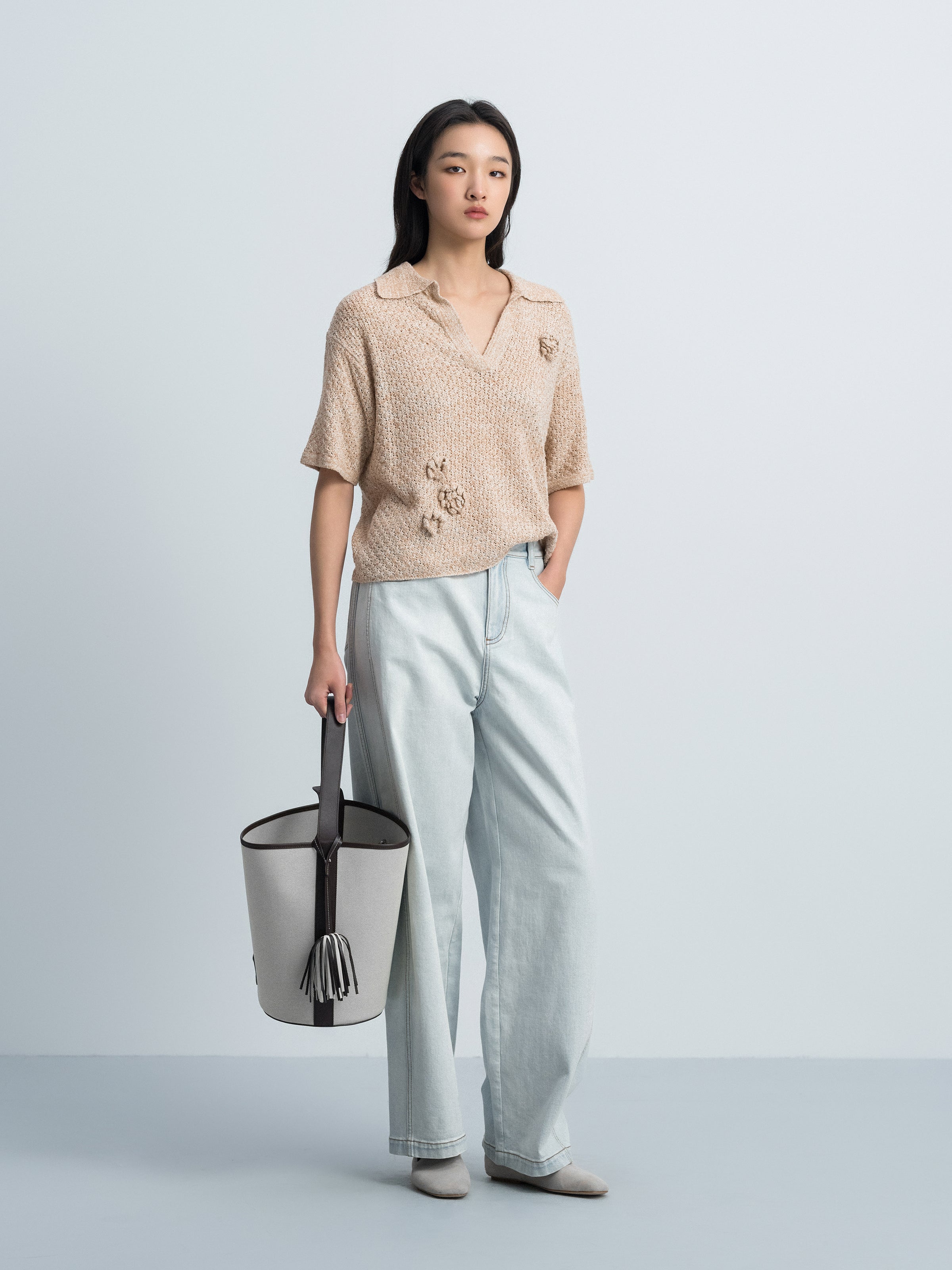 Light Blue Washed Denim Curved Relaxed Tapered Trousers