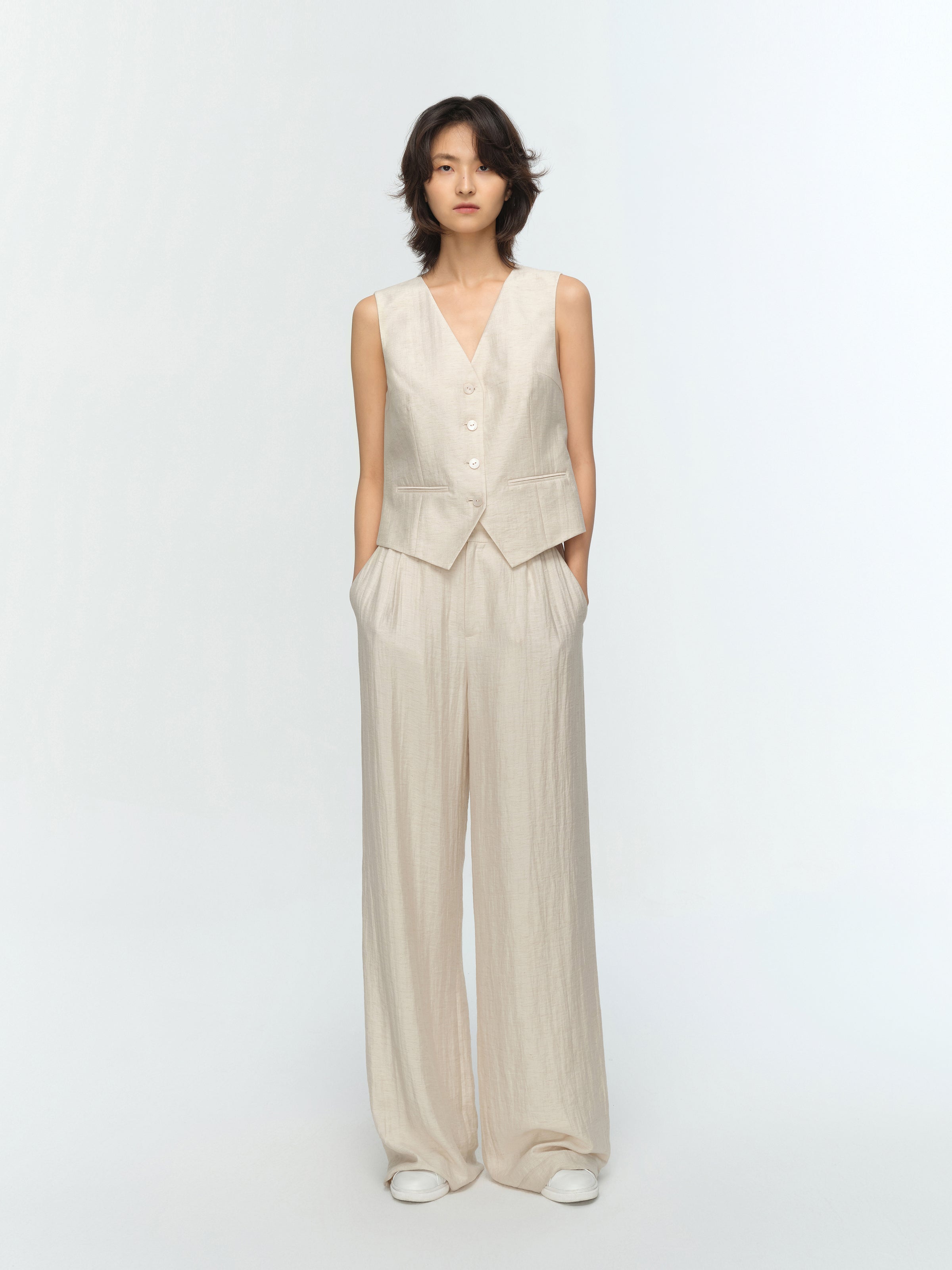 Cream White Linen Elastic Back Wide-Leg Trousers