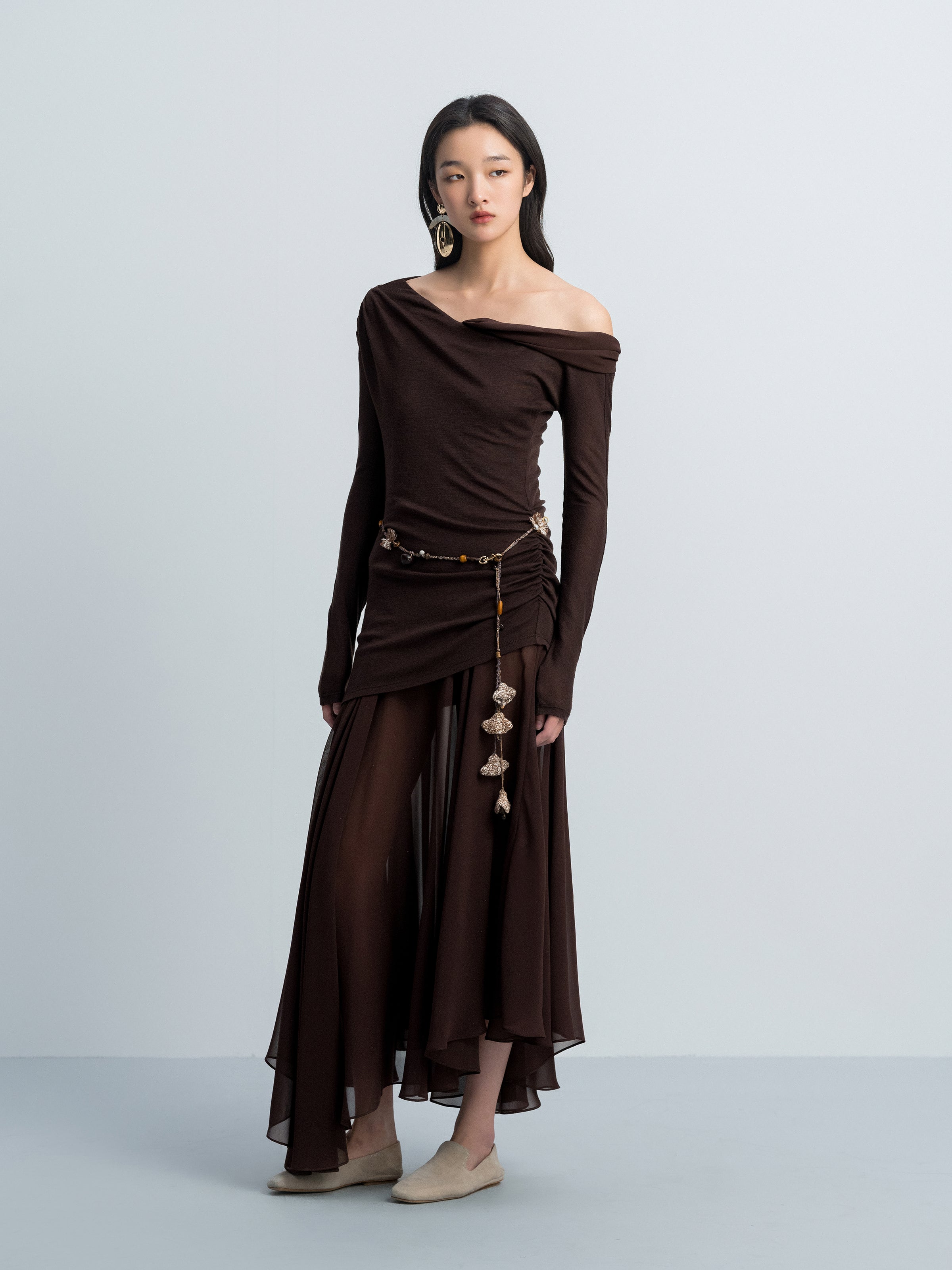 Coffee Brown Knit Silver Foil Chiffon One-Shoulder Long-Sleeve Dress