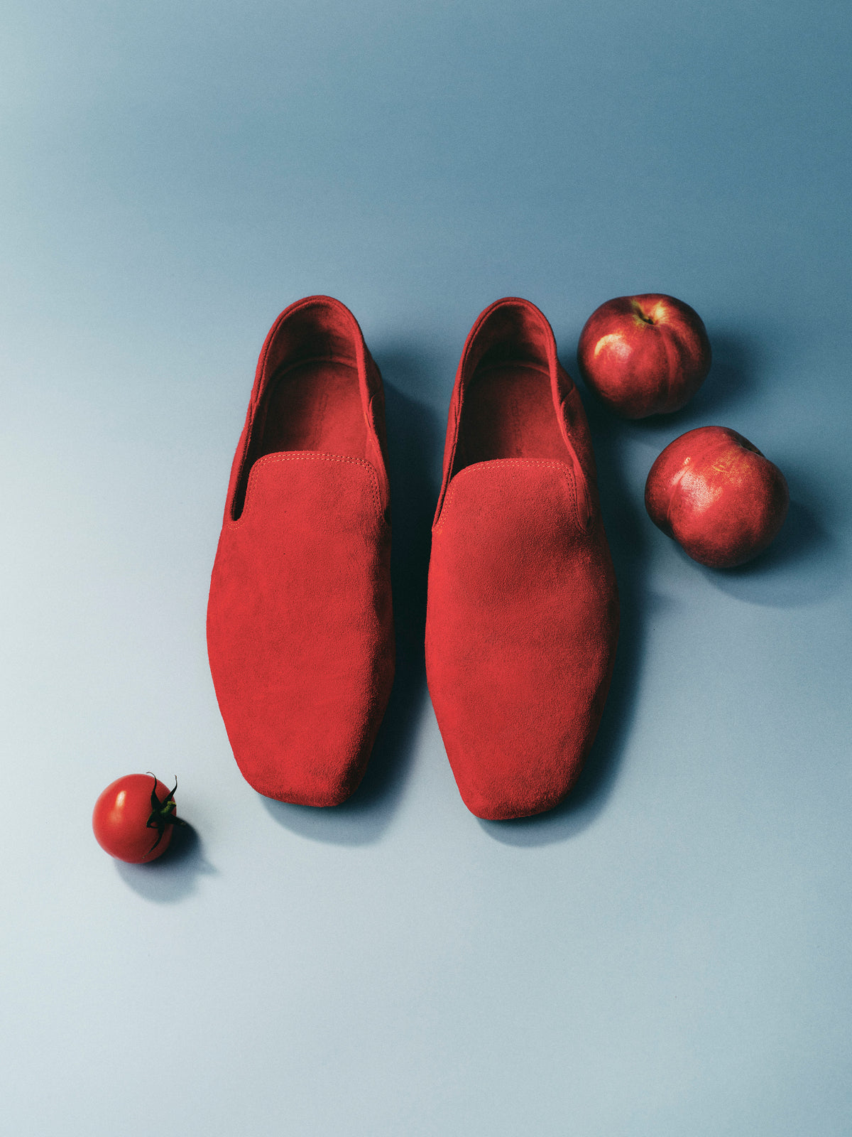 Bright Red Suede Goatskin U-Cut Square Toe Loafer Flats